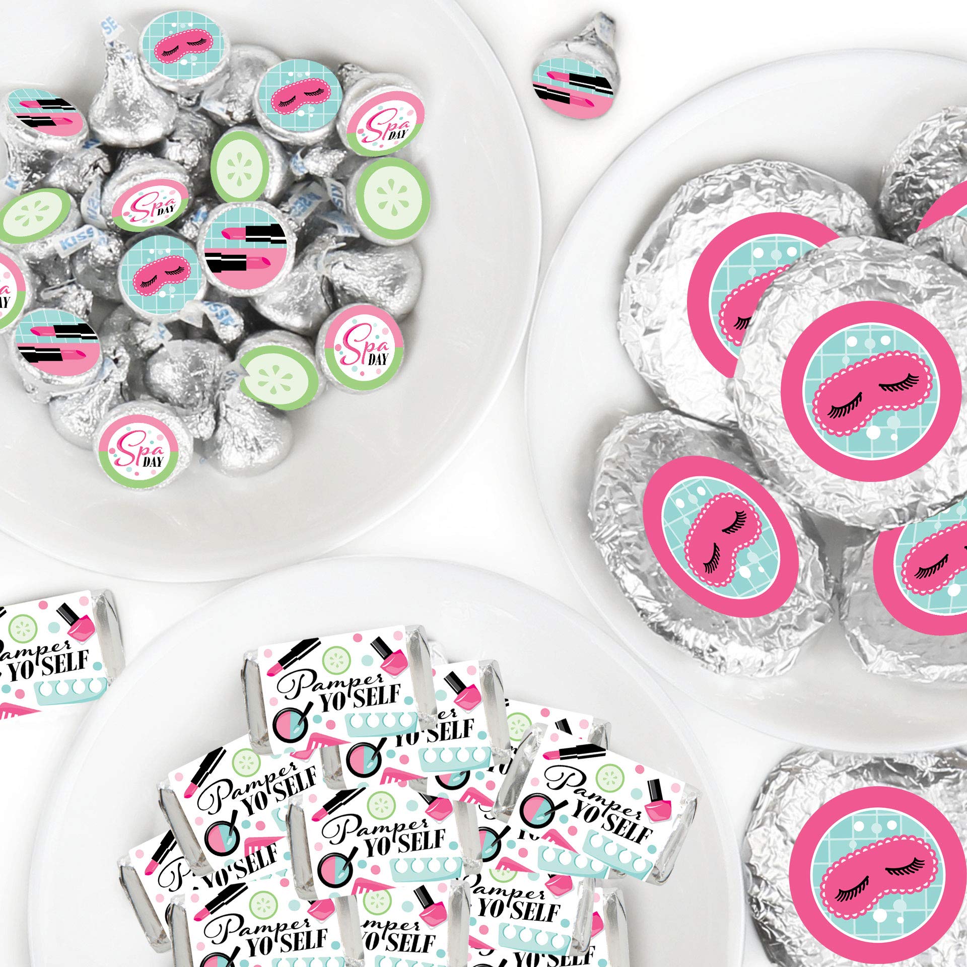 Big Dot of Happiness Spa Day - 304-Piece Mini Candy Bar Wrappers, Round Stickers & Circle Stickers Kit for Girls Makeup Party Favors | Perfect for Birthday Celebrations, DIY Spa Gifts & Candy Decorations
