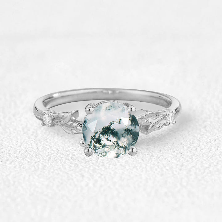1.0ct Round Cut Moss Agate Leaf Engagement Ring - Elegant Nature-Inspired Wedding Band, Perfect for Proposals, Anniversaries & Boho Bridal Jewelry