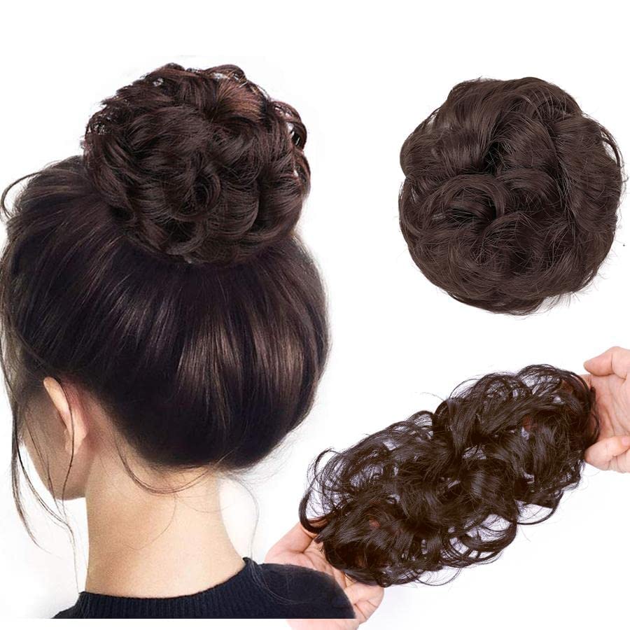 Messy Hair Bun Extensions for Women - 2 Pack Curly Synthetic Hair Scrunchies with Elastic Band | Brown Updo Hair Accessories for Girls & Women | Perfect for Parties, Weddings & Everyday Styling