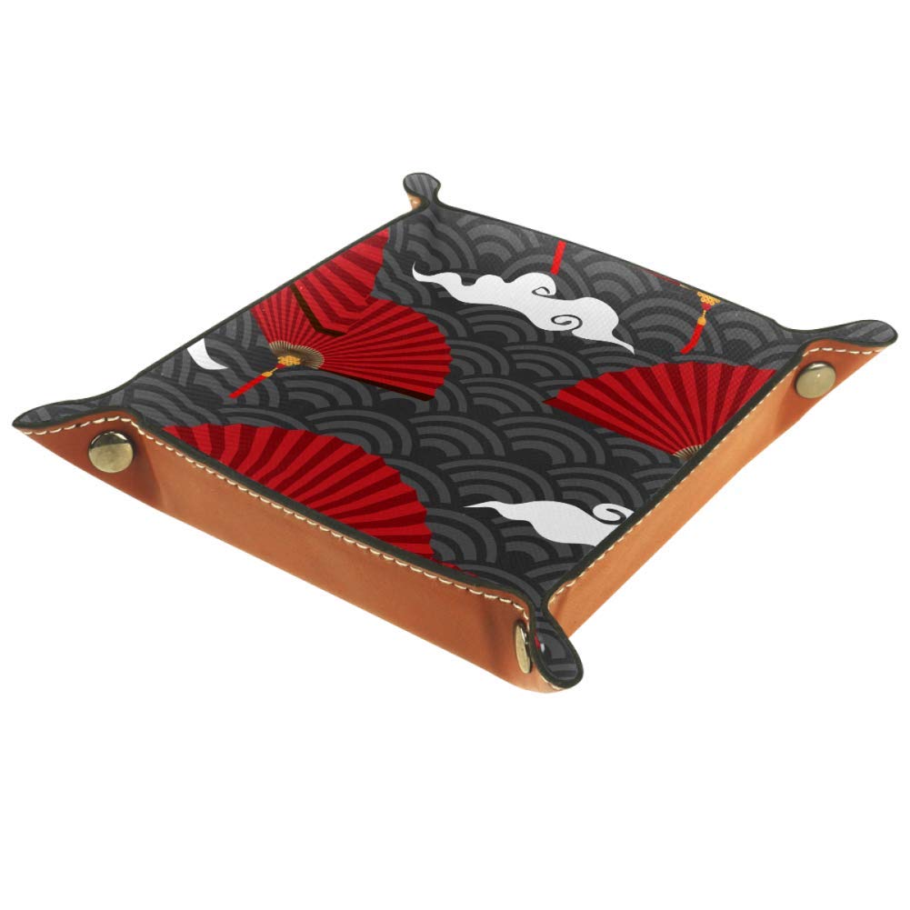 AISSO Leather Valet Tray with Chinese Fan Design - Jewelry Organizer Box for Watches, Keys, Wallets & Coins - Stylish Desk Tray for Office, Bedroom & Entryway Organization