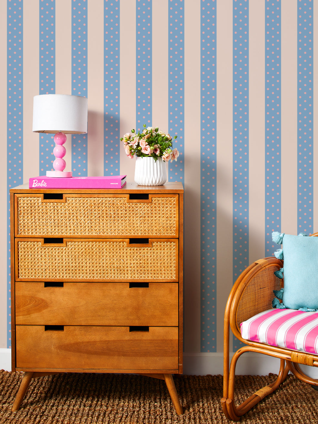 Barbie™ 'Just Ken Stripe' Wallpaper - Peach & Cornflower Blue Peel and Stick Removable Wallpaper for Bedroom, Nursery, or Home Office Decor