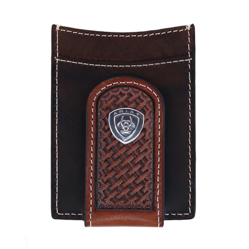 Ariat Genuine Leather Basket Weave Money Clip for Men - Brown RFID Blocking Wallet Accessory | Perfect for Gifts, Travel, and Everyday Use