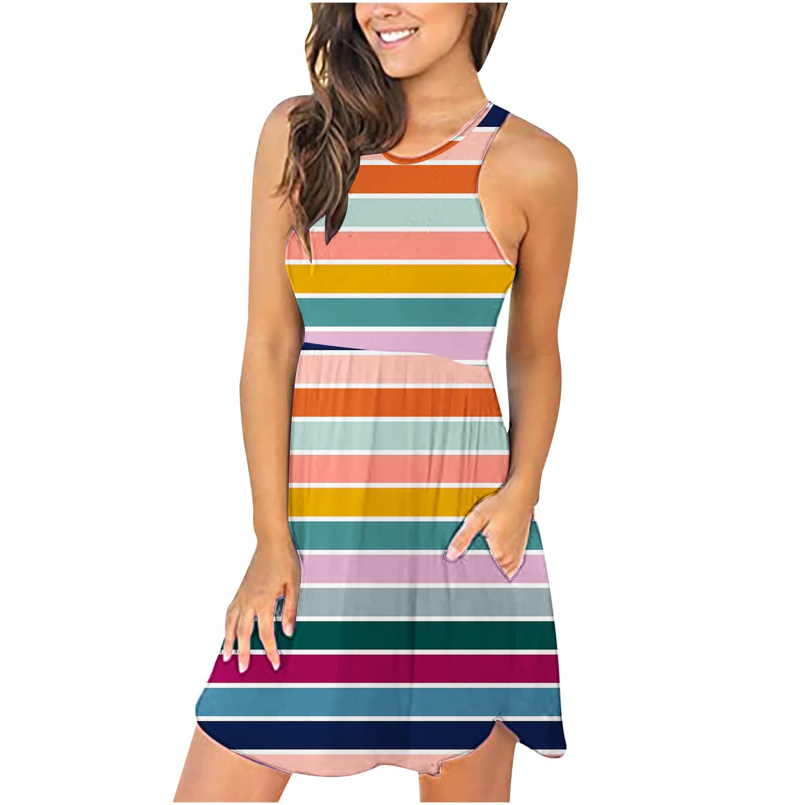 Women's Casual Summer Dresses - Floral Printed Sleeveless Round Neck Pocket Tank Dress for Beach, Vacation & Outdoor Activities | Lightweight Comfortable Sundress