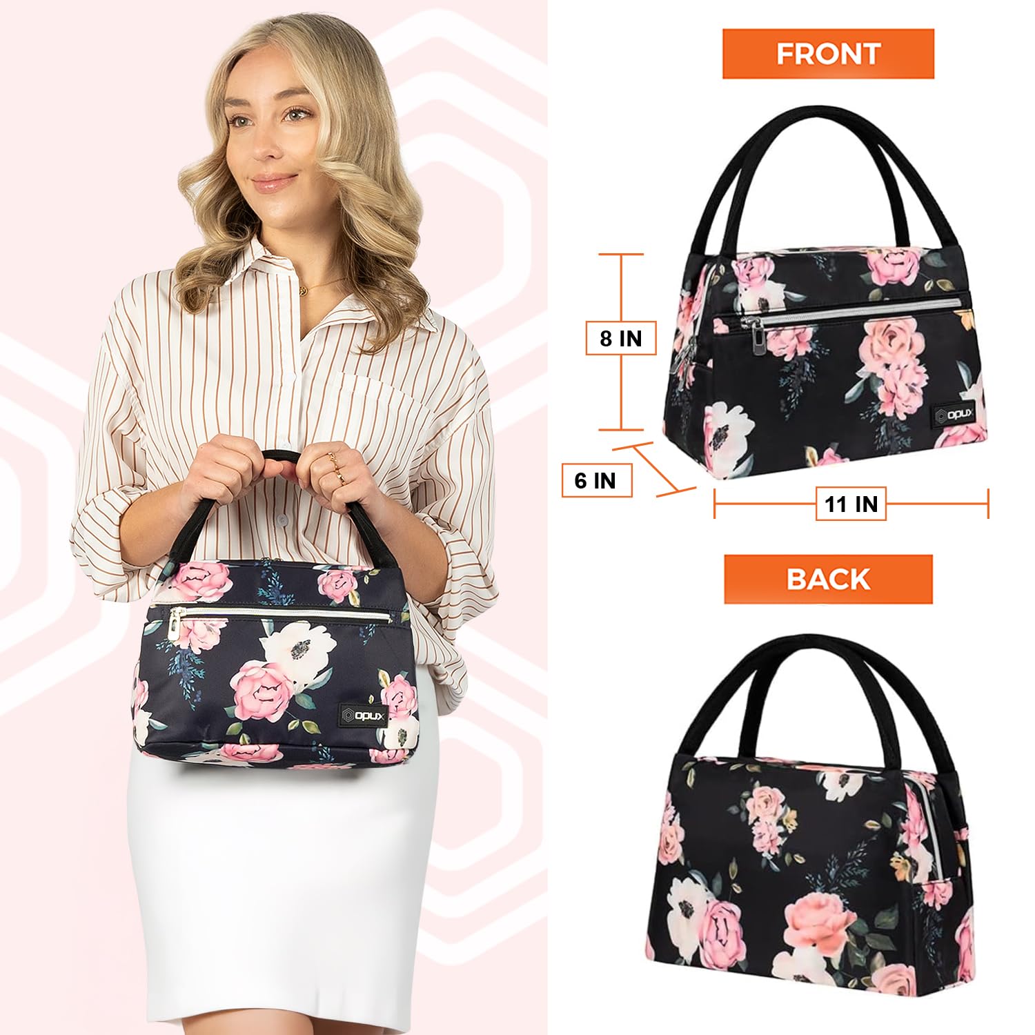 Insulated Lunch Bag for Women & Girls - Reusable Cooler Tote for Work, School, Travel & Picnic - Fits 11 Cans - Floral Rose Design Lunch Box for Adults - Perfect for Office, Hiking and Daily Commute