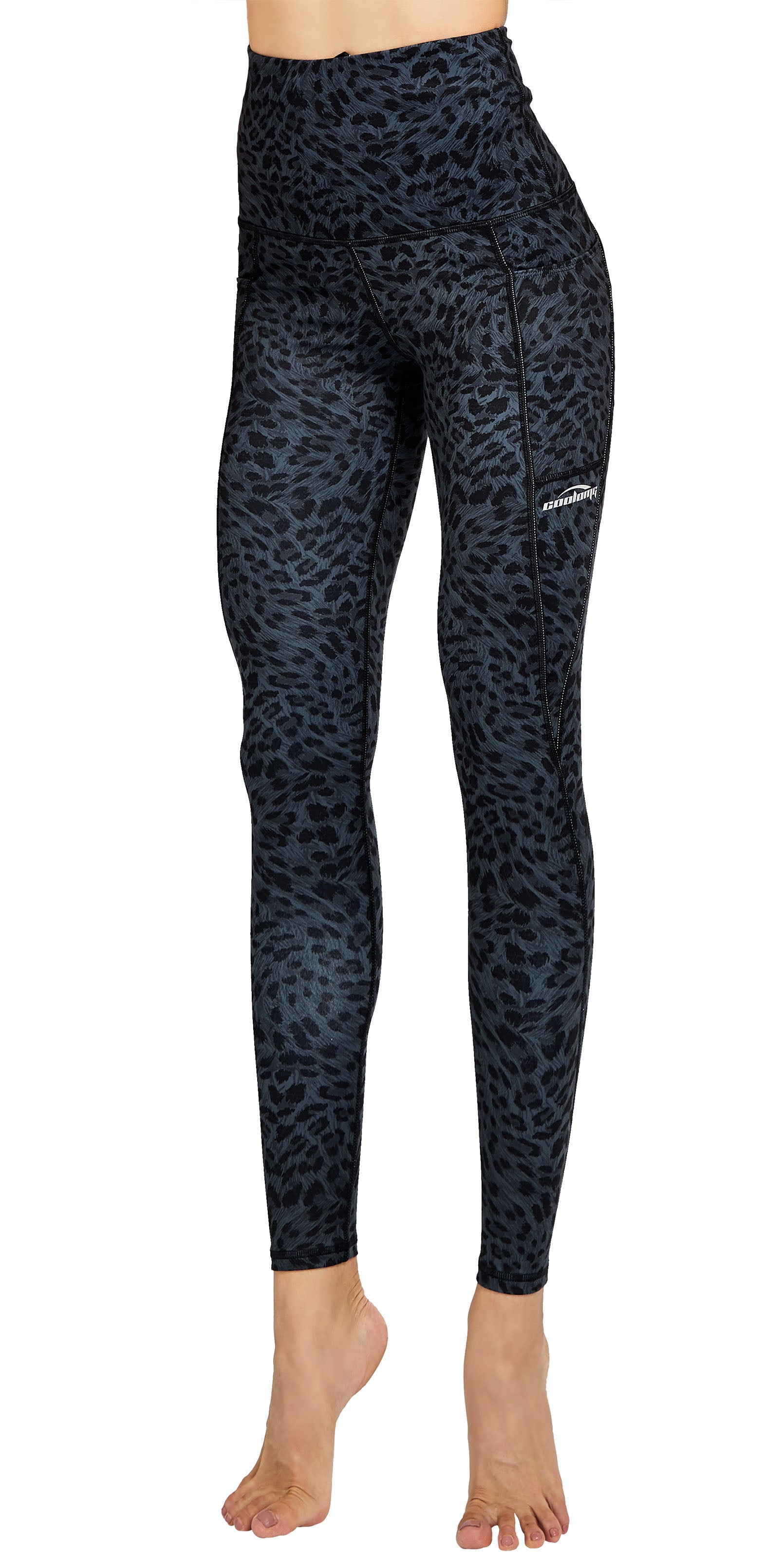 COOLOMG High Waisted Yoga Pants for Women - Side Pocket Workout Leggings in Black Leopard Print | Perfect for Gym, Running & Lounge Wear