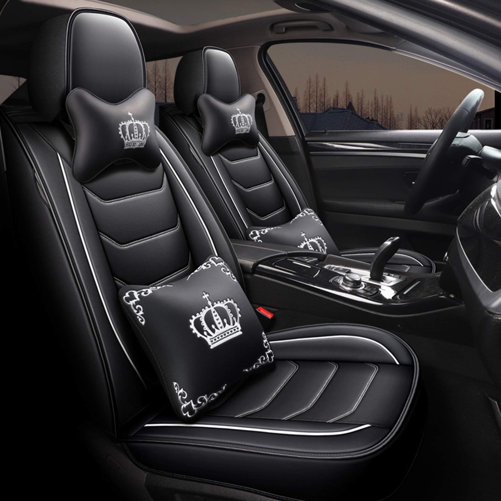 HZWZ Universal Breathable Car Seat Covers Cushion Full Set, Waterproof PU Leather Seat Protector, White - Perfect for Daily Commute & Long Road Trips