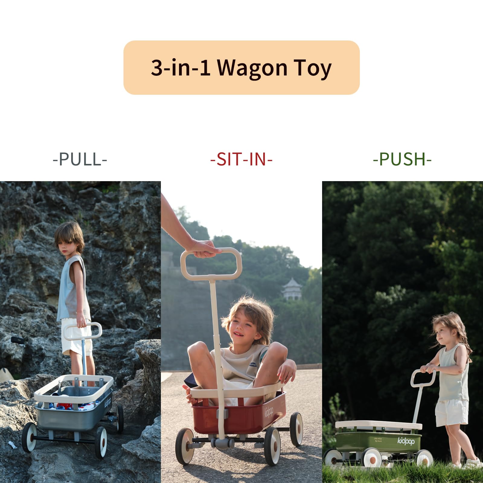 PULA-Wild 3-in-1 Kids Pull Along Wagon & Push Walker Toy for Toddlers Age 2.5-8 Years | Adjustable Handle & Removable Wooden Cover | 33 lbs Weight Capacity | Birthday Gift for Boys & Girls | Perfect for Indoor Play, Outdoor Walks & Park Adventures (White)