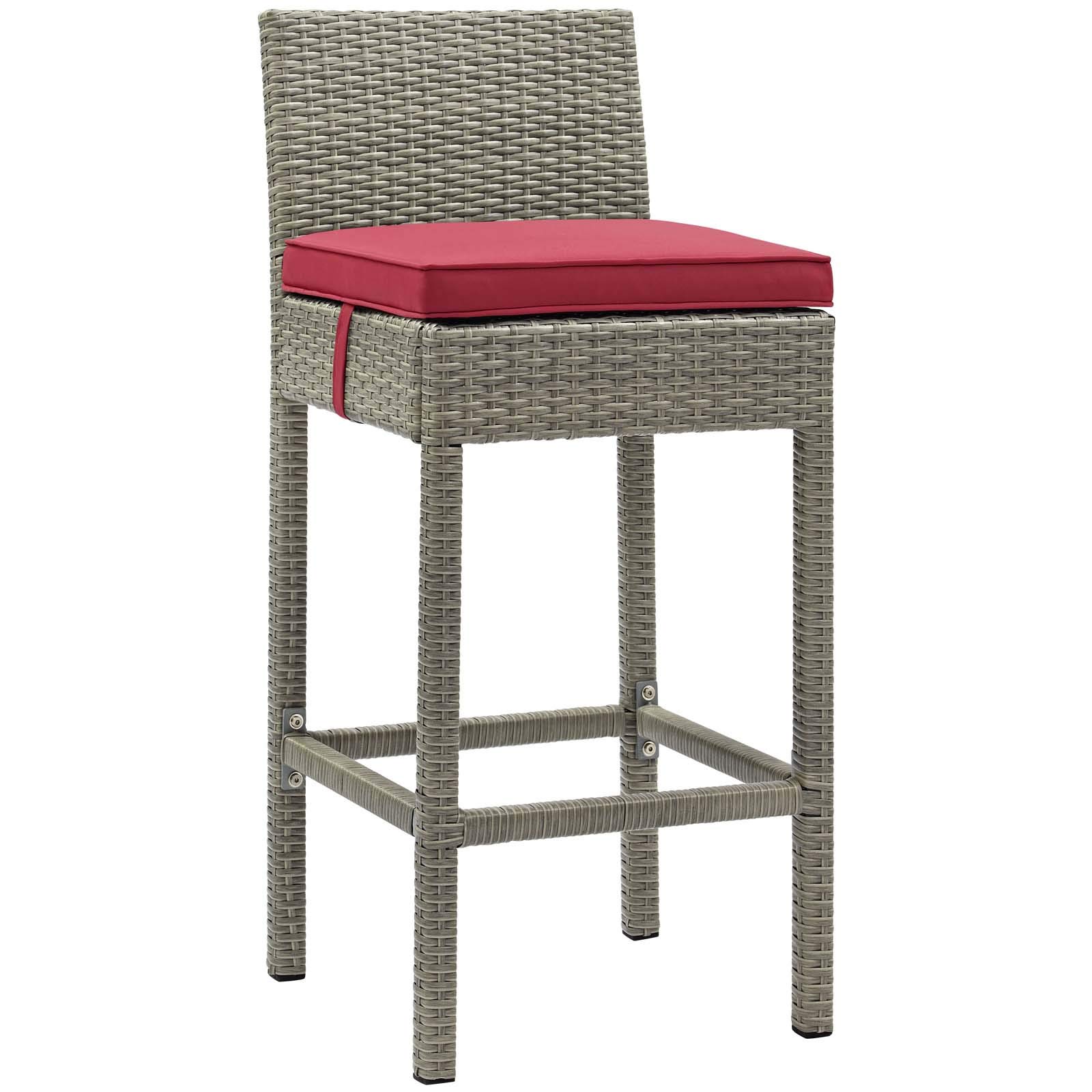 Modway EEI-3602-LGR-RED Outdoor Patio Bar Stools Set of 4 - Light Gray & Red Wicker Rattan Bar Height Stools for Backyard, Poolside & Restaurant Seating
