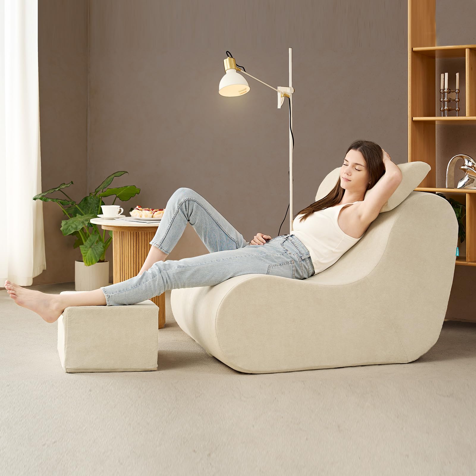 Hansleep Oversized Bean Bag Chair with Ottoman - High-Density Foam Lounge Chair with Lumbar Support, Soft Jacquard Fabric Floor Sofa for Adults - Perfect for Bedroom, Living Room, Reading Nook & Game Room - Beige Cozy Seating Solution