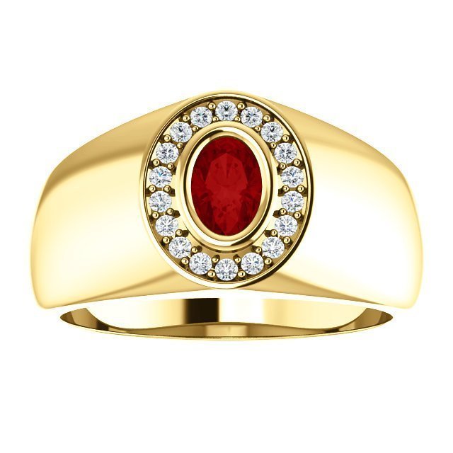 14K Gold Men's Ruby and Diamond Oval Halo Ring - 0.60ct Ruby & 0.18ctw Diamond Engagement Wedding Band for Him - Perfect for Proposals, Anniversaries and Special Occasions