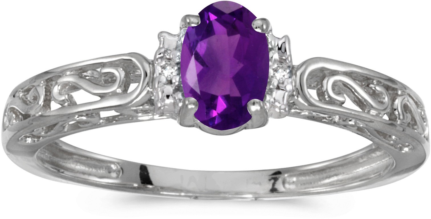 10K White Gold Oval Amethyst and Diamond Ring for Women - Elegant Engagement, Wedding, Anniversary Jewelry Gift