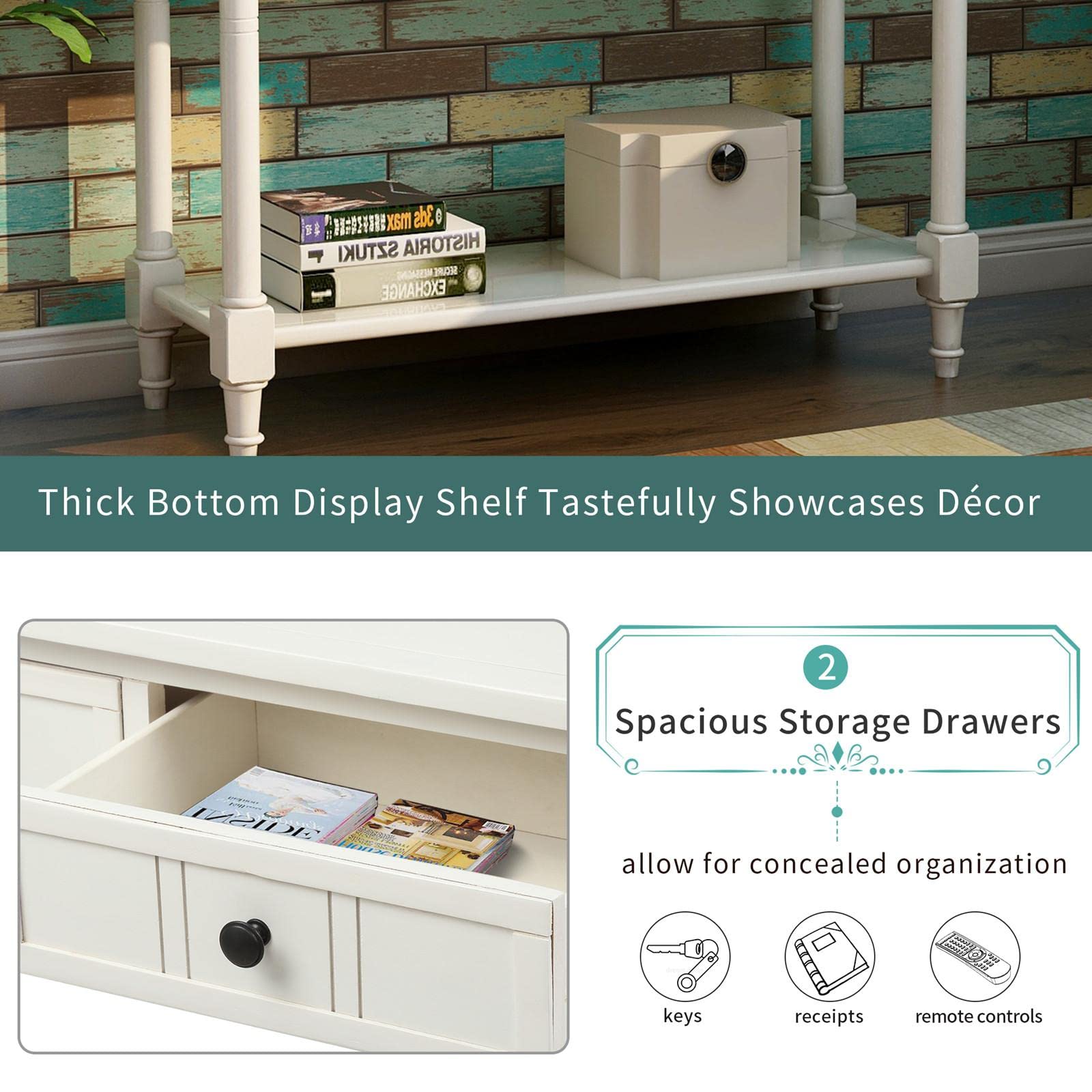 JINS&VICO Ivory White Console Table with Two Drawers and Bottom Shelf - Entryway Sofa Table, Sideboard for Living Room & Dining Room - Perfect for Hallway Decor, Small Space Storage & Home Organization