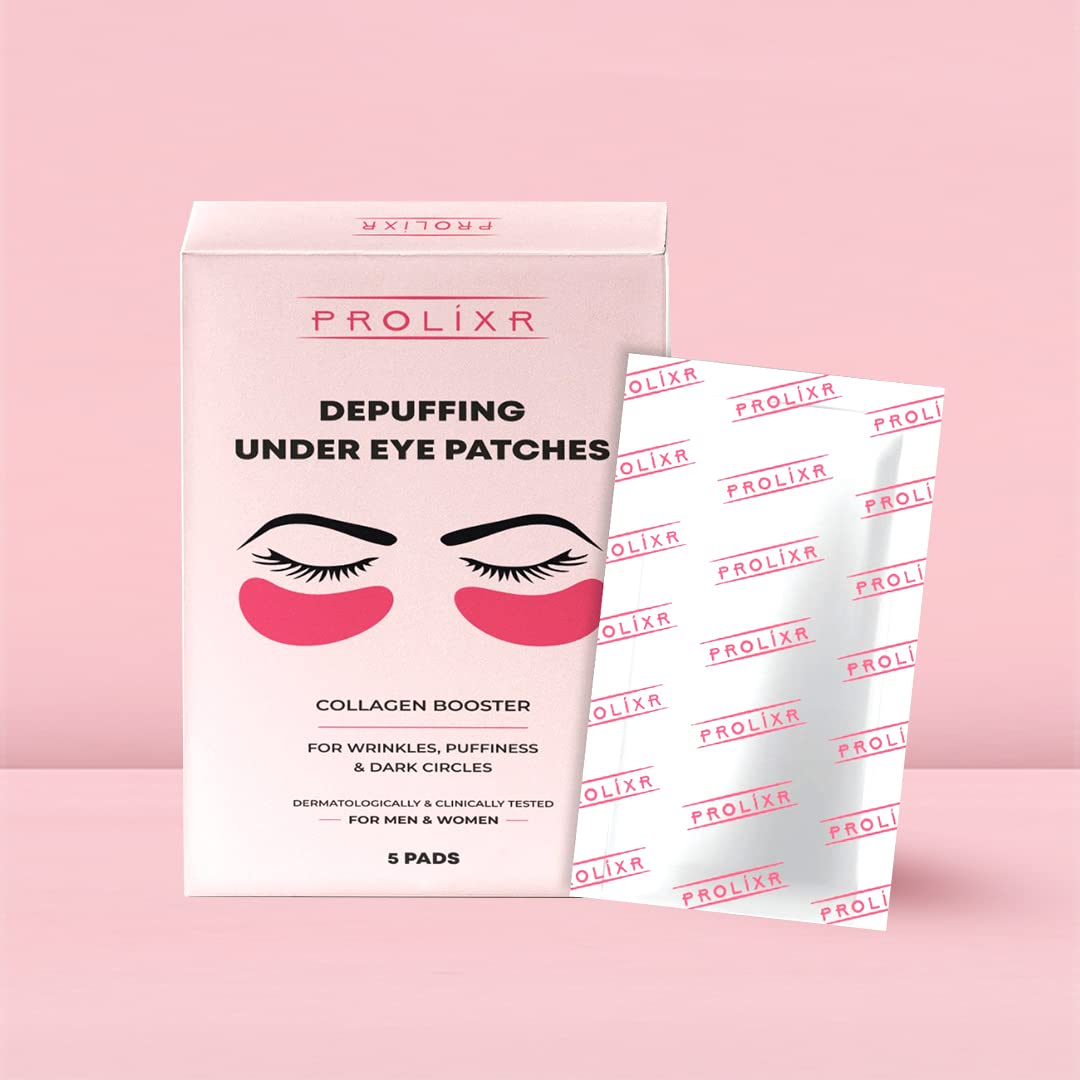 Prolixr Depuffing Under Eye Patches for Dark Circles, Puffiness & Inflammation - 5 Pairs with Aloe Vera, Witch Hazel, Carrot & Almond Extract - Hydrating Collagen Eye Mask for Women & Men - Perfect for Morning Routine, Travel & Post-Party Recovery