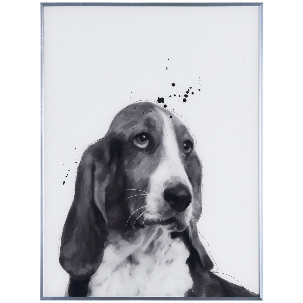 Basset Hound Black and White Dog Wall Art - Reverse Printed Glass with Gunmetal Frame - Perfect for Living Room, Bedroom or Office Decor