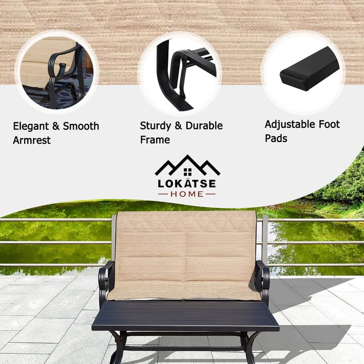 LOKATSE HOME Outdoor Glider Chair Set - 2-Person Rocking Loveseat with Side Table, Weather-Resistant Patio Furniture for Backyard, Garden, Beach & Poolside (Beige) | Perfect for Relaxing, Sunbathing and Outdoor Entertaining