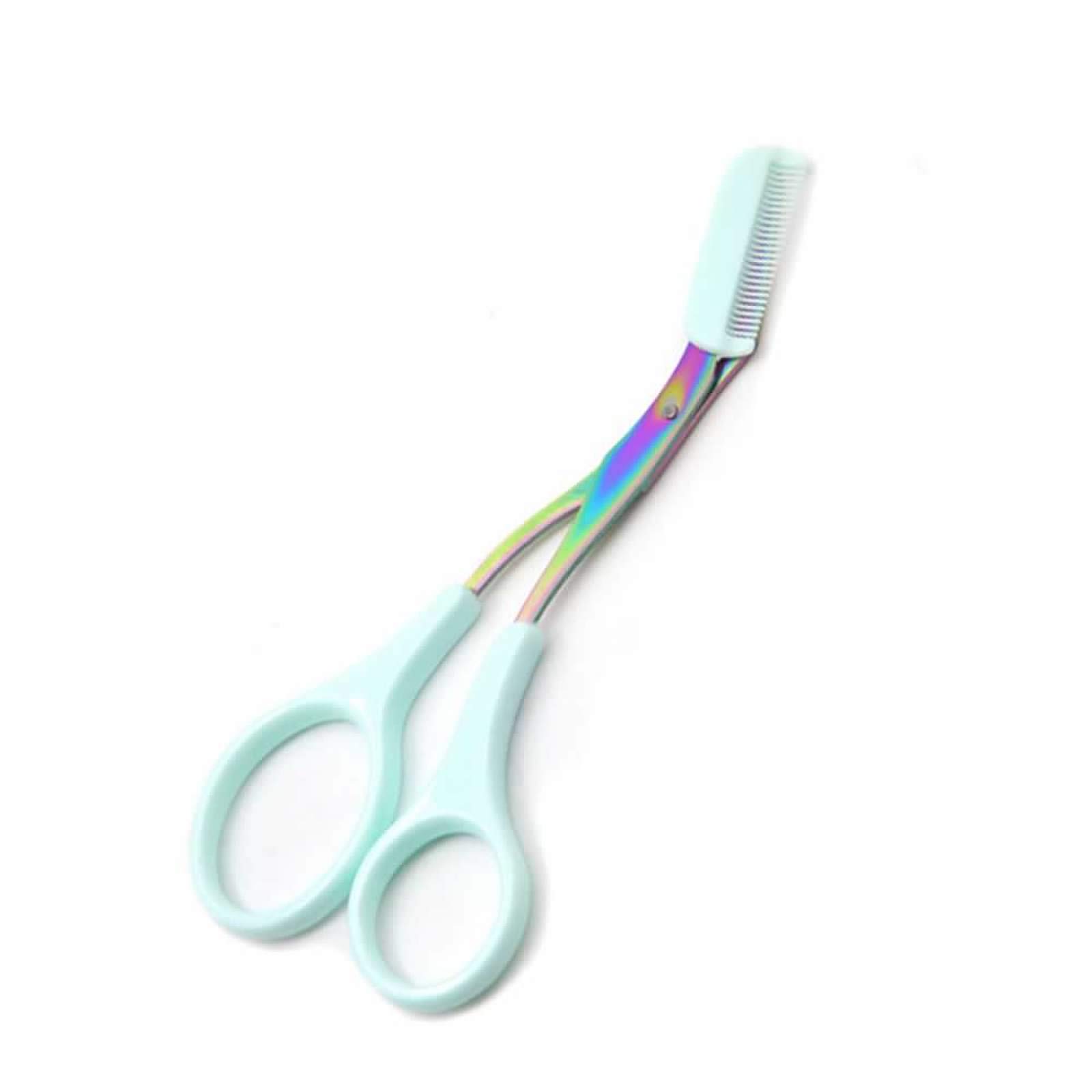 YANSHG® 3-Piece Rainbow Titanium Eyebrow Trimmer Scissors with Comb - Professional Stainless Steel Eyebrow Grooming Kit, Removable & Washable Makeup Tools for Precise Shaping (Blue) - Perfect for Eyebrow Trimming, Makeup Artists & Home Beauty Care