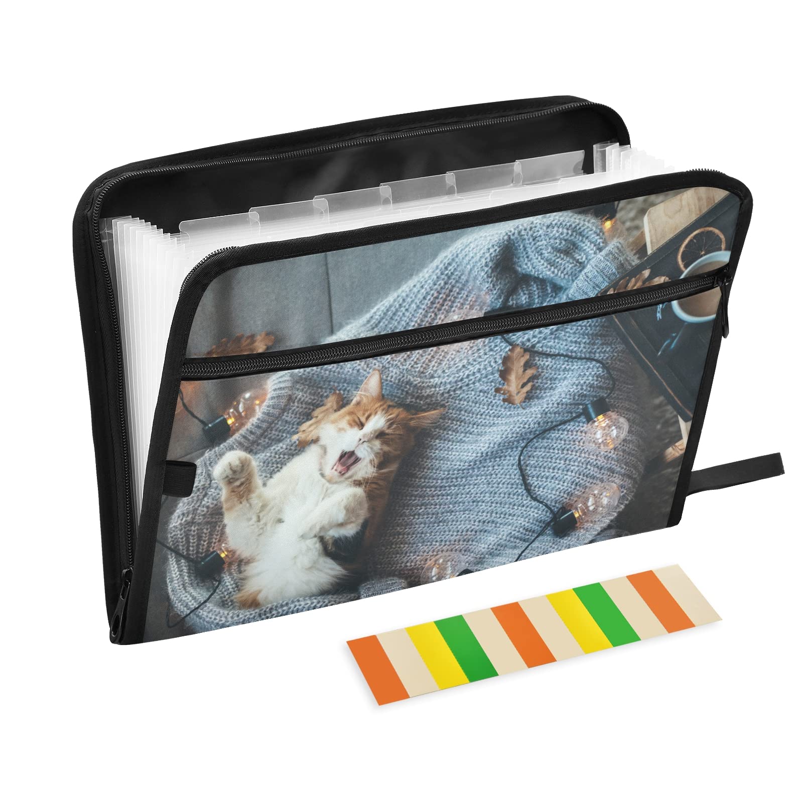 UMIRIKO 13-Pocket Expanding File Folder with Zipper Closure - Letter A4 Size Document Organizer for Office, School & Home - Accordion File Folder with Sticky Labels for Cat Sweater Pattern (20220436) - Perfect for Organizing Bills, Receipts, Photos & Important Documents
