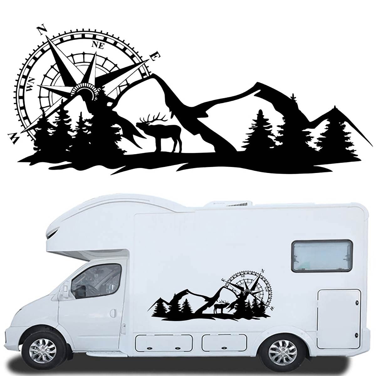 Mountain Car Vinyl Sticker - 55x21 Inch Compass Forest Graphic Decal for Car & Truck, Universal Scratch Hidden Design, Black - Perfect for Outdoor Adventures & Road Trips