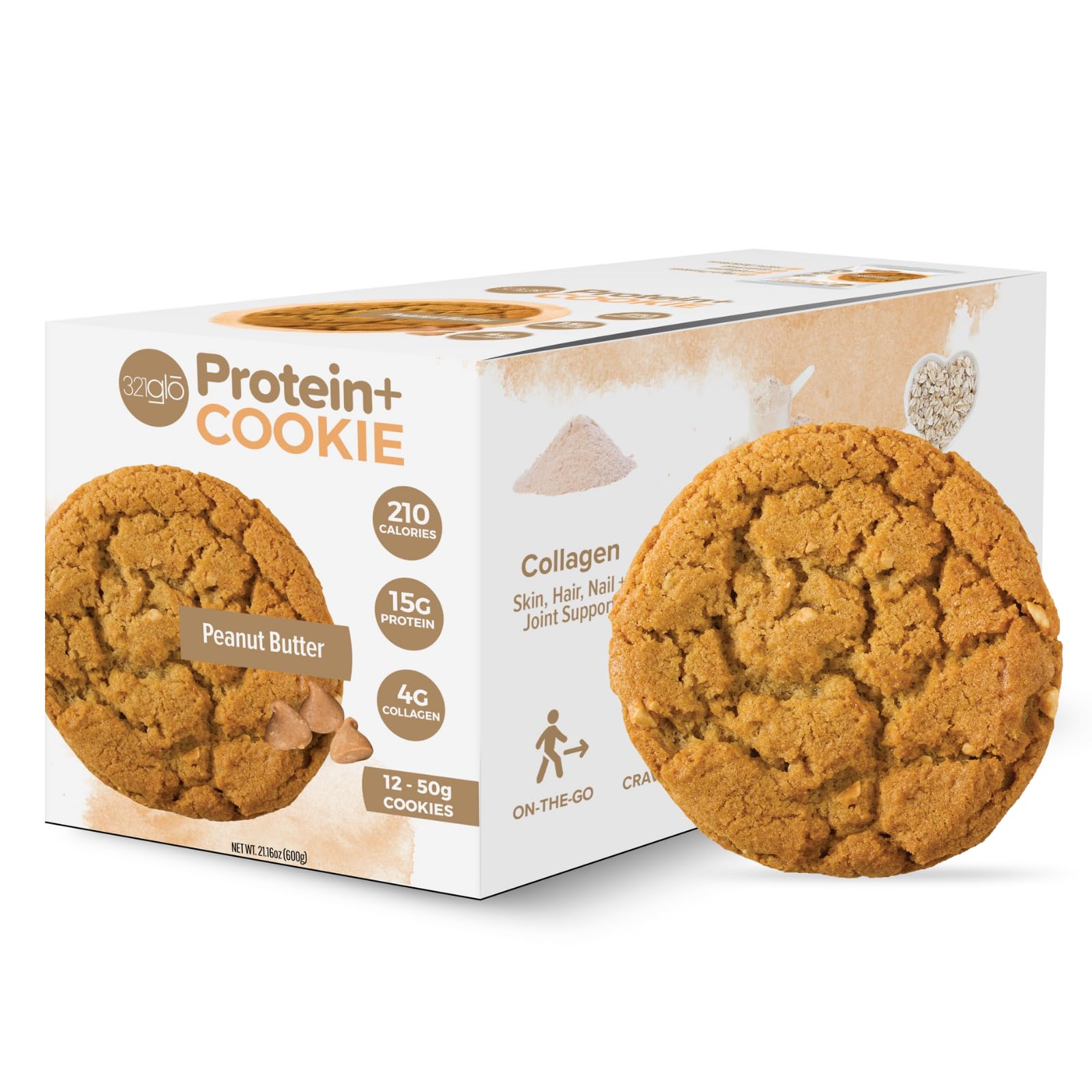 321glo Protein+ Cookies | High Protein Soft Baked Cookies with Collagen (15g Protein per Serving) | Healthy Snack for Men, Women & Kids | 12 Pack Peanut Butter Flavor | Perfect for Gym, Work, School & Travel