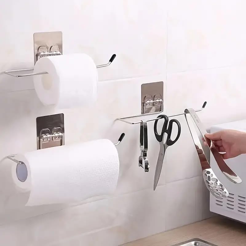3-Pack Stainless Steel No-Drill Wall Mount Toilet Paper Holder & Towel Bar - Self-Adhesive, Waterproof, Washable Bathroom Storage Rack for Home, Kitchen, Office, Hotel (Perfect for Small Spaces & Rental Properties)