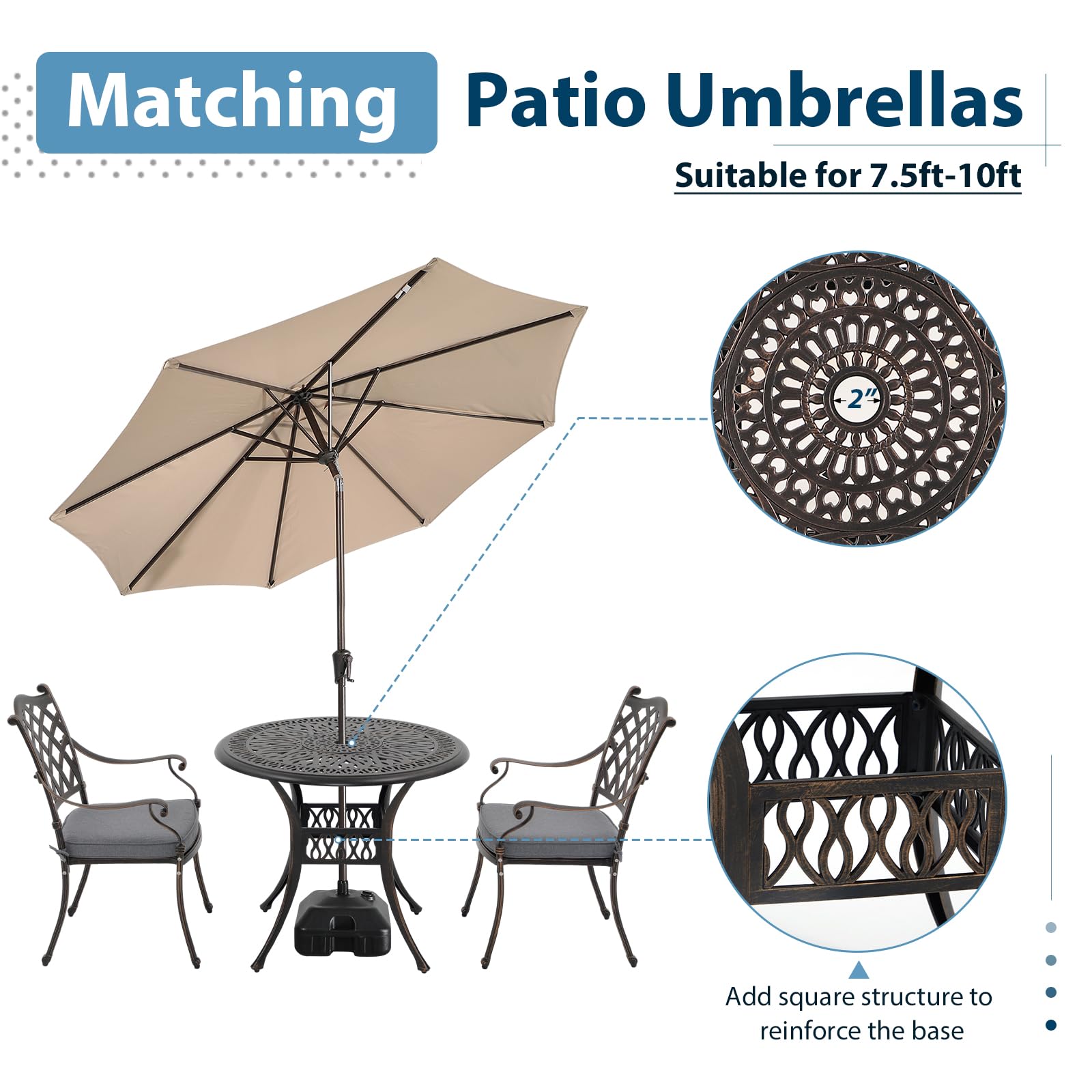 JOIVI 3-Piece Outdoor Dining Set - Cast Aluminum Patio Furniture with Umbrella Hole, Stackable Chairs & Table in Antique Bronze - Perfect for Balcony, Garden, Backyard & Poolside Entertaining | Weather-Resistant & Durable Bistro Set for Outdoor Gatherings