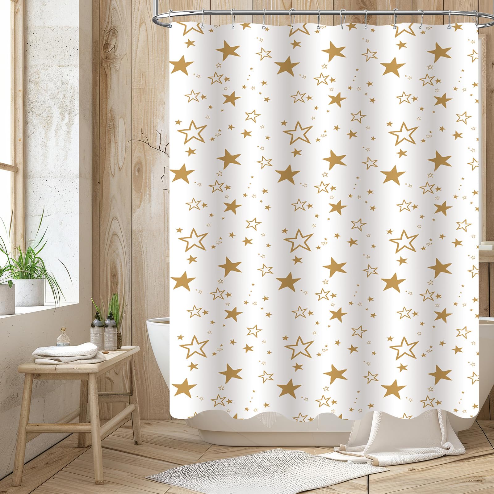 Yellow Star Plastic Shower Curtain Set with Hooks - 72x72 Inch Waterproof Farmhouse Bathroom Decor for Vintage & Cute Aesthetic - Perfect for Kids' Bathrooms, Guest Baths & Farmhouse Style Homes