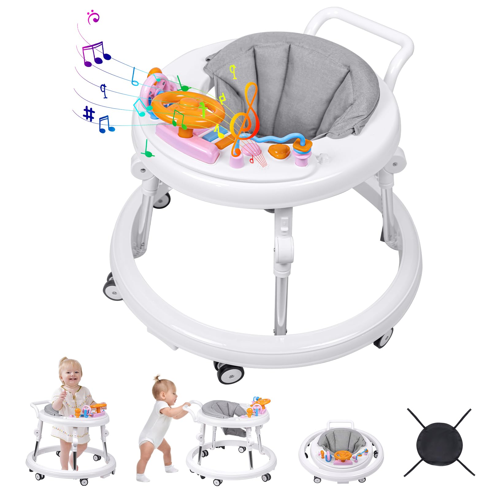 Foldable 9-Speed Adjustable Baby Walker with Wheels & Music - Anti-Fall Infant Walker for Boys & Girls 6-24 Months - Perfect for Learning to Walk & Playtime Activities at Home