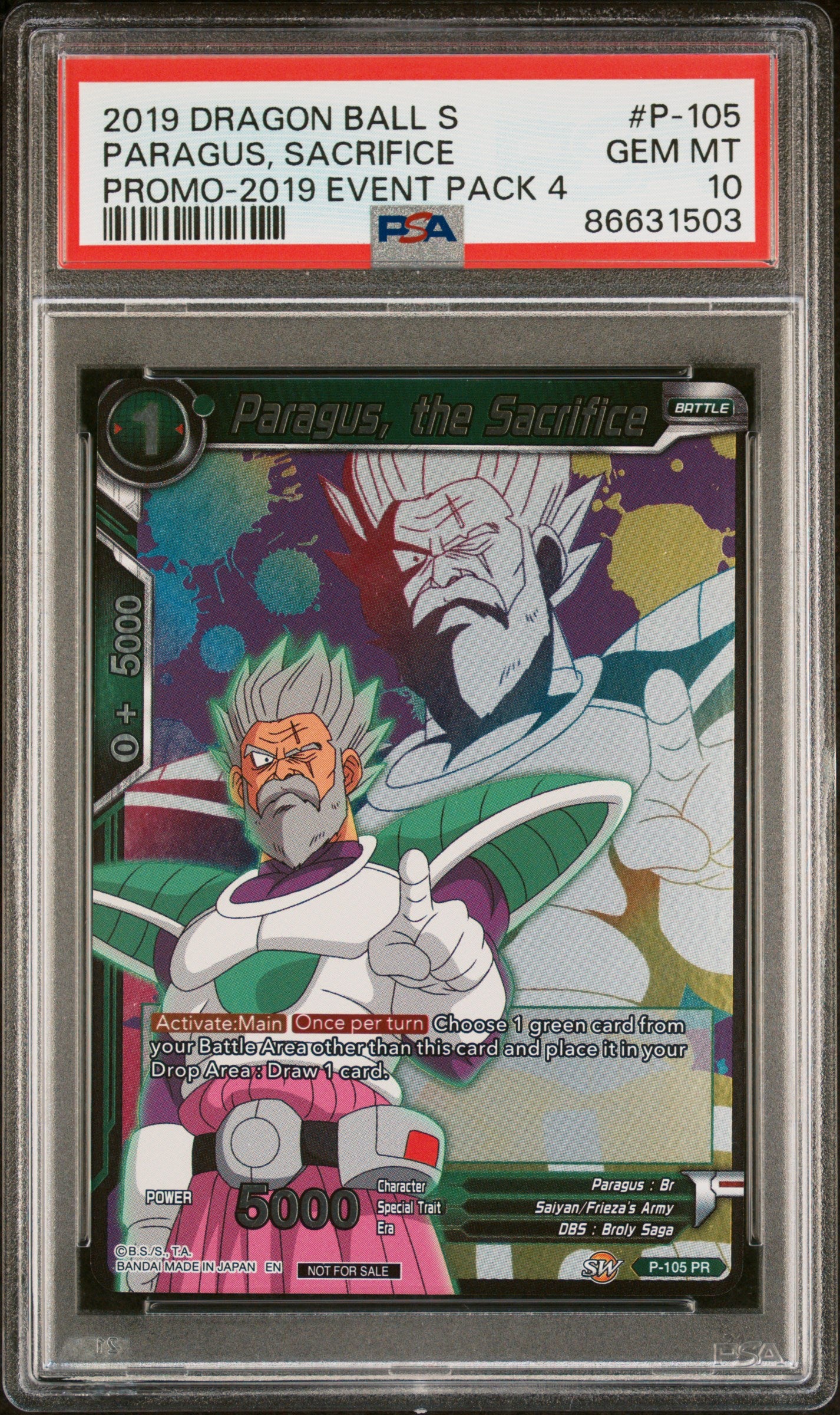 2019 Dragon Ball Super Event 04 Paragus Sacrifice #P 105 PSA 10 Graded Card - Perfect for Collectors, Anime Fans & Investment - Ideal for Display, Trading & DBZ Memorabilia Collections