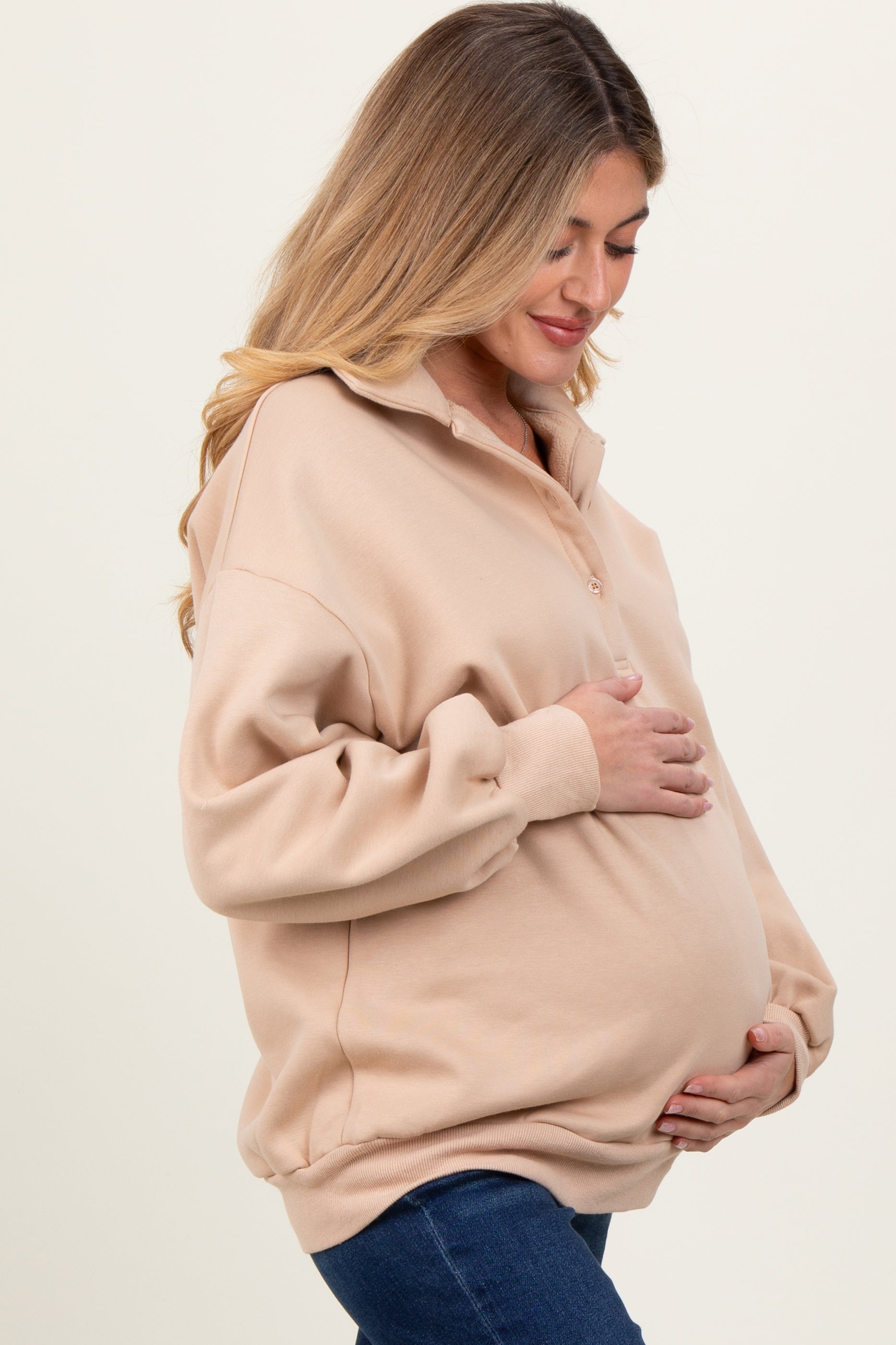 Beige Oversized Long Sleeve Polo Maternity Pullover Sweater - Comfortable & Stylish Pregnancy Top for Work, Casual Outfits & Maternity Photos
