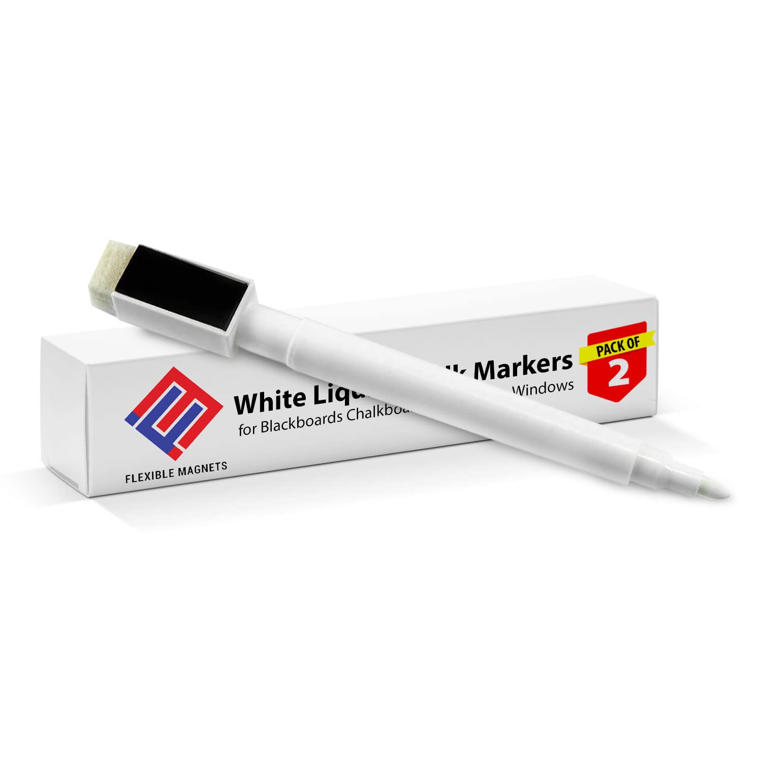 White Liquid Chalk Markers for Blackboard, Glass & Windows - Pack of 2 with Eraser & Magnetic Back - Perfect for Restaurants, Classrooms & DIY Home Decor
