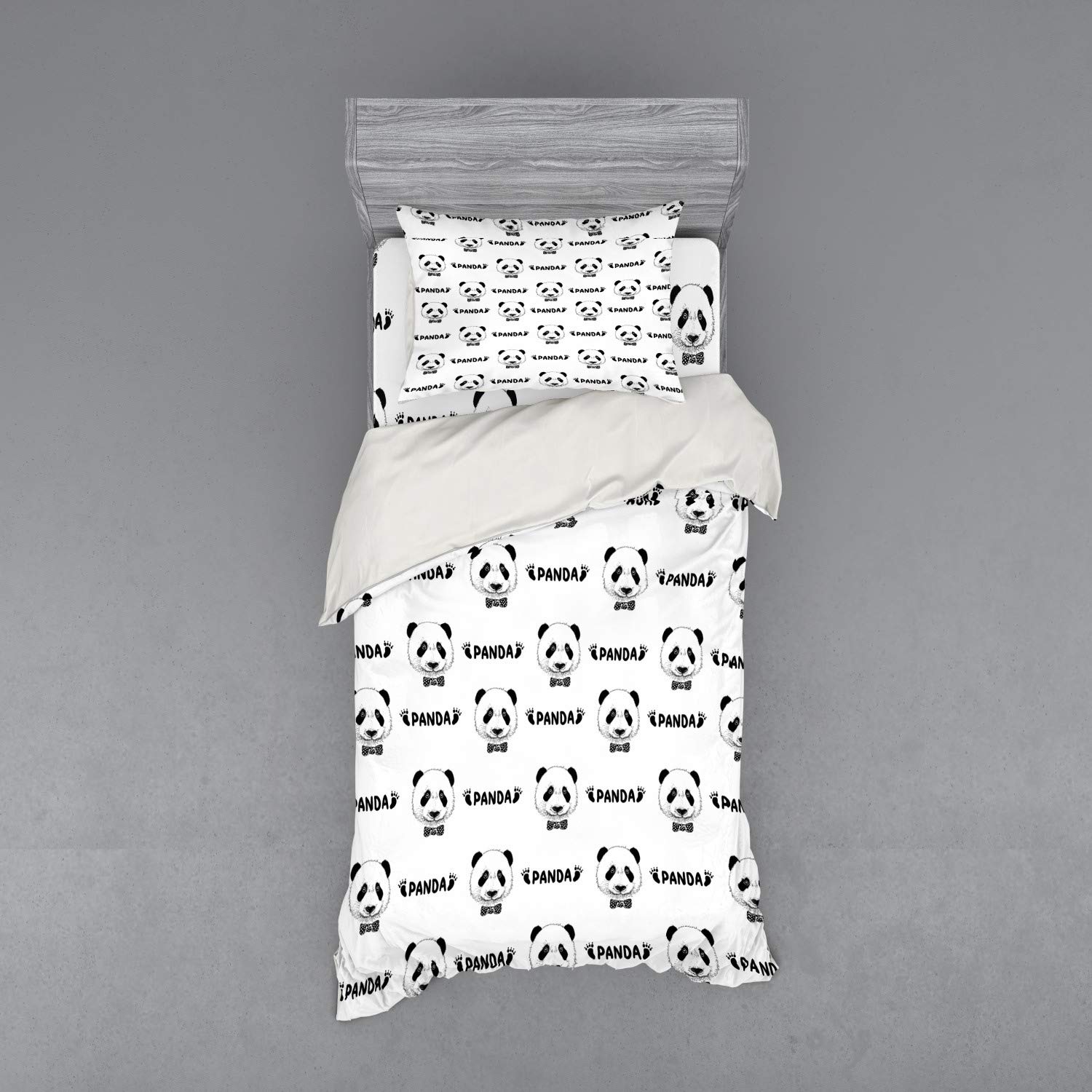 Ambesonne Panda Bedding Set - 3 Piece Duvet Cover with Sham & Fitted Sheet, Twin Size, Black & White Panda Face & Footprint Design - Cozy Kids Room Decor, Nursery Bedding, Animal Theme Bedroom Set