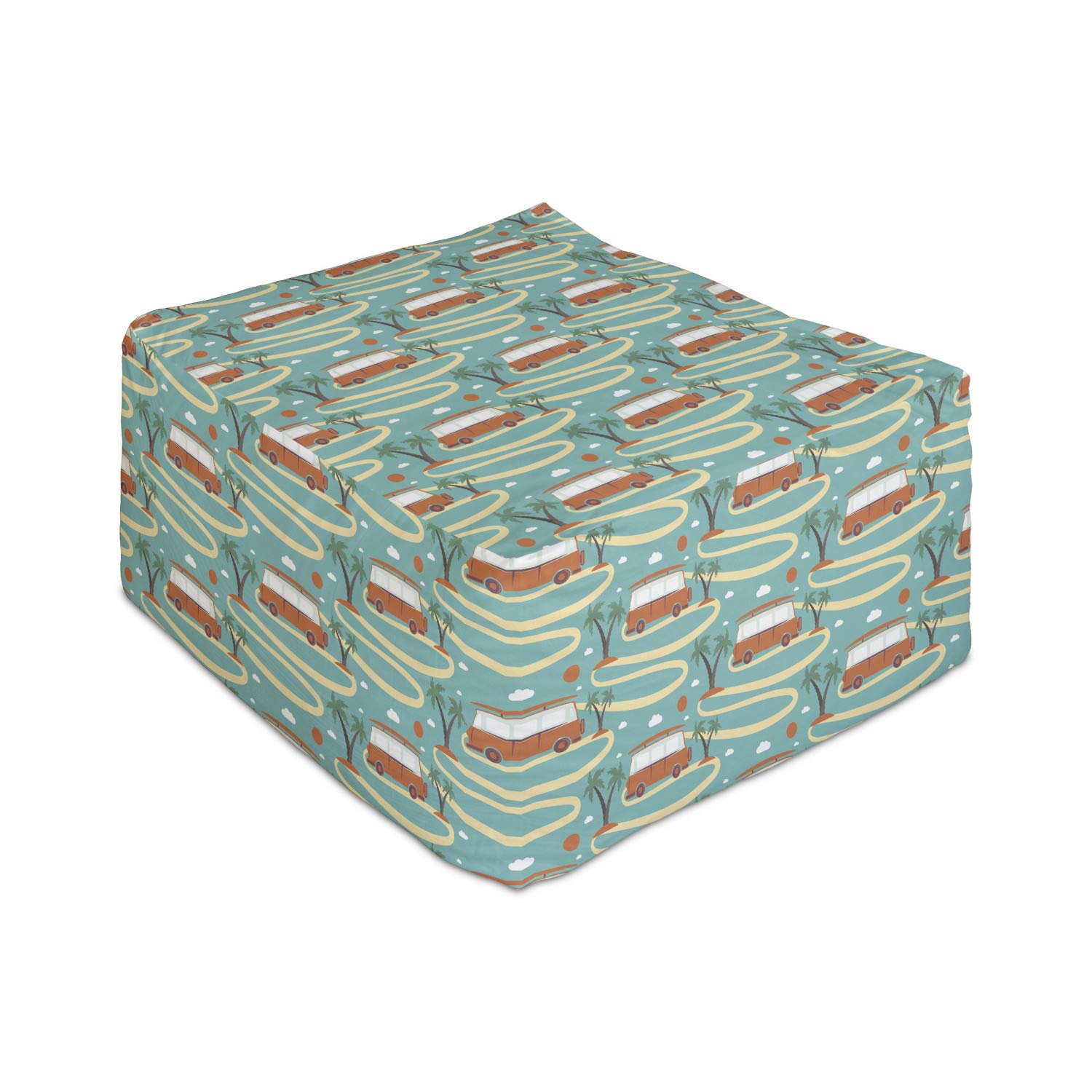 Ambesonne Happy Camper Rectangle Pouf - Sun Palms & Van Travel Pattern Foot Stool Ottoman with Removable Cover, 25
