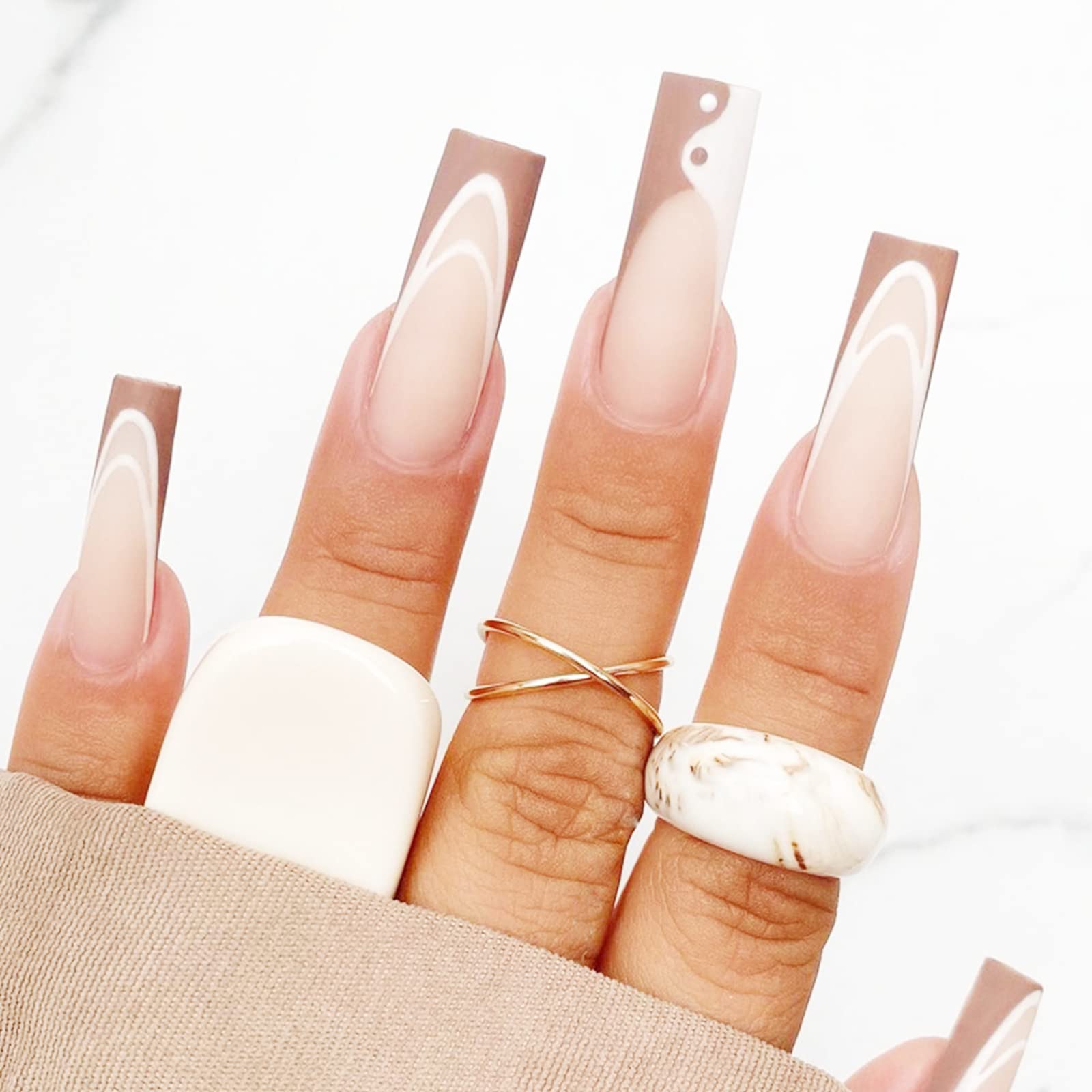 NICENEEDED 24Pcs Extra Long Coffin Press-On Nails - Nude French Tip Acrylic Fake Nails with Glue Stickers | Easy Nail Extensions for Women & Girls | Perfect for Parties, Weddings & Special Occasions