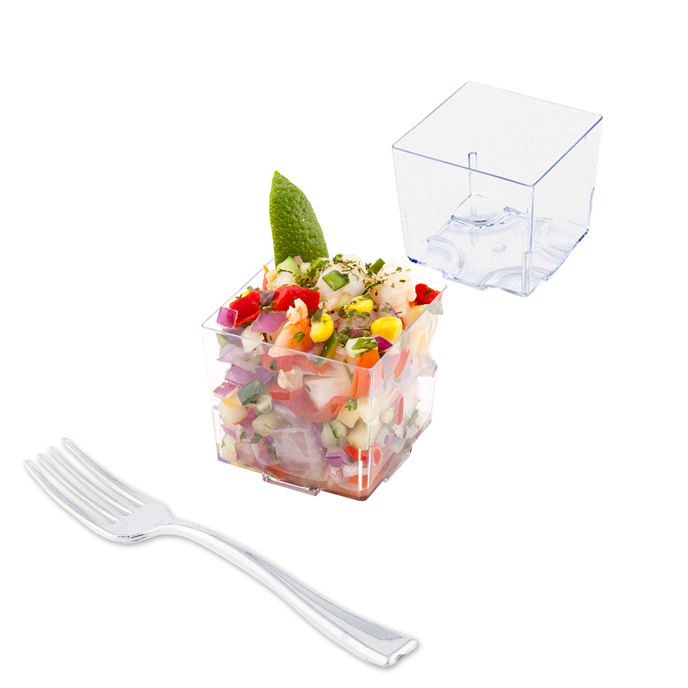 100 Pack 5 oz Square Clear Plastic Containers with Lids & 100 Silver Mini Plastic Forks – Perfect for Party Desserts, Wedding Favors, and Catering Events