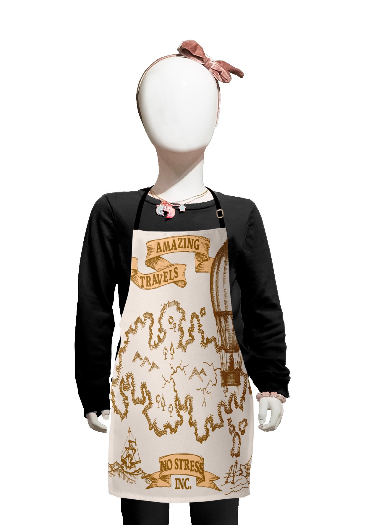 Vintage Travel World Map Apron - Adjustable Ties for Baking, Painting & Cooking - Small Size Ivory Beige Boho Style with Sailing Boat & Hot Air Balloon Print - Perfect for Home Chefs, Artists & Coffee Shop Baristas