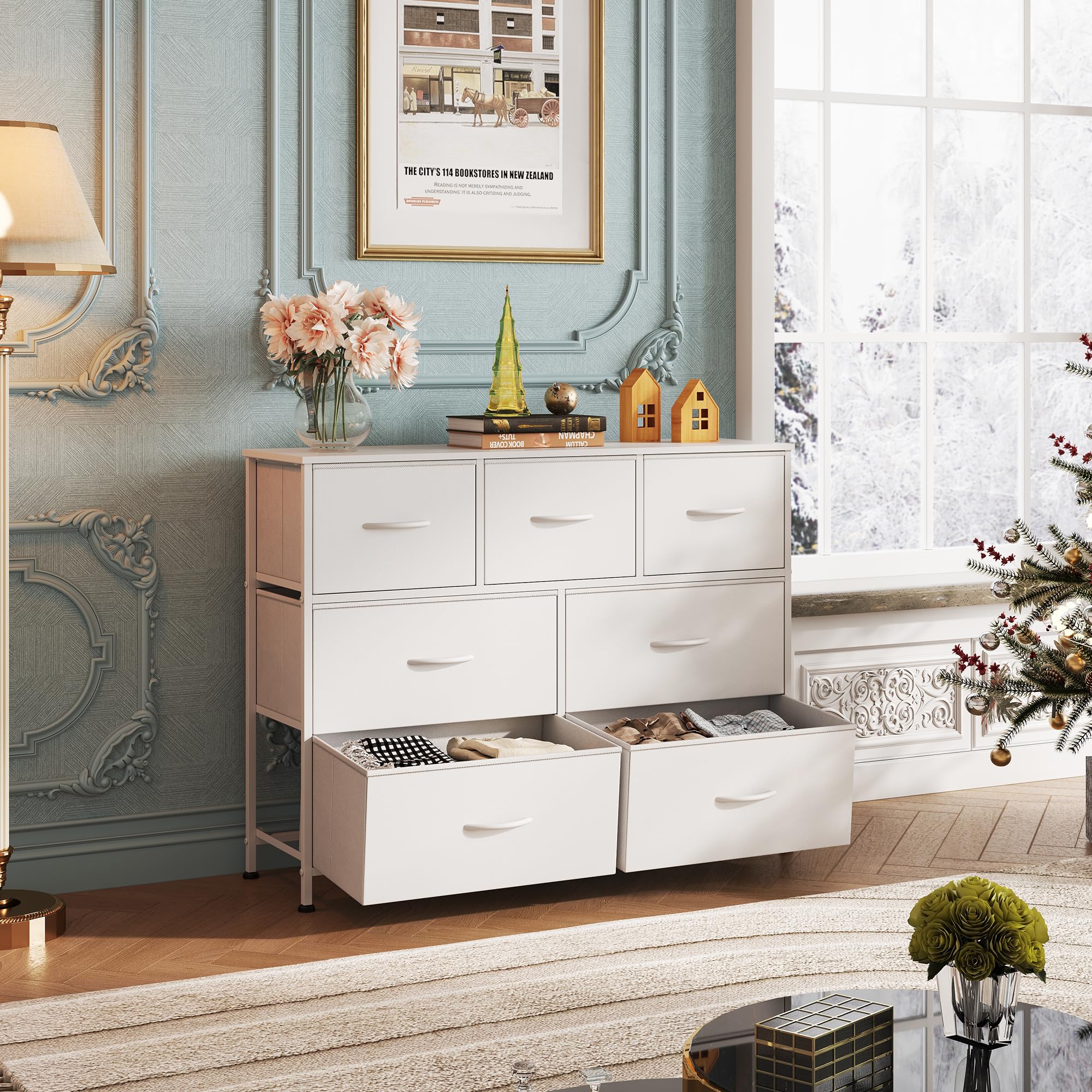 WLIVE 7-Drawer Dresser TV Stand - White Fabric Storage Tower with Sturdy Steel Frame & Wood Top - Easy Pull Handle for Bedroom, Hallway, Entryway & Closet Organization - Perfect for Small Spaces & Apartment Living