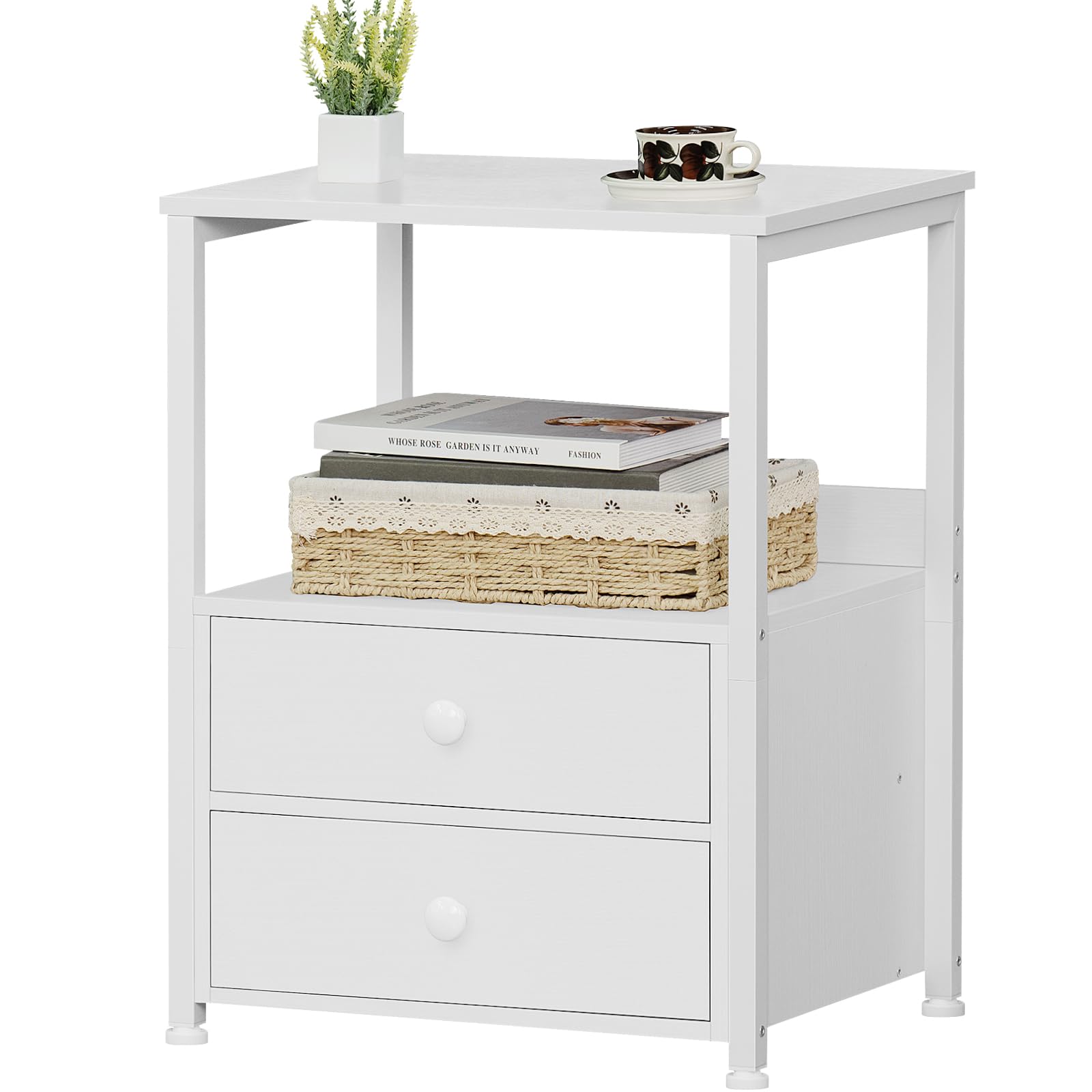 Industrial Nightstand with 2 Drawers & Open Shelf - Steel Frame Bedside Table for Bedroom & Living Room - Sturdy White End Table for Small Spaces - Perfect for Apartment, Dorm, Guest Room & Home Office
