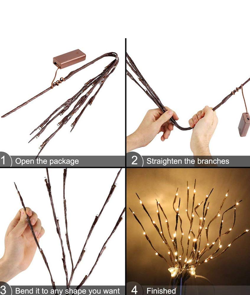 2 Pack LED Lighted Silver Twig Branches - 20 Warm White Battery Powered Decorative Lights for Christmas, Home, Garden, Party & Wedding Decor | Indoor & Outdoor Holiday Decorations