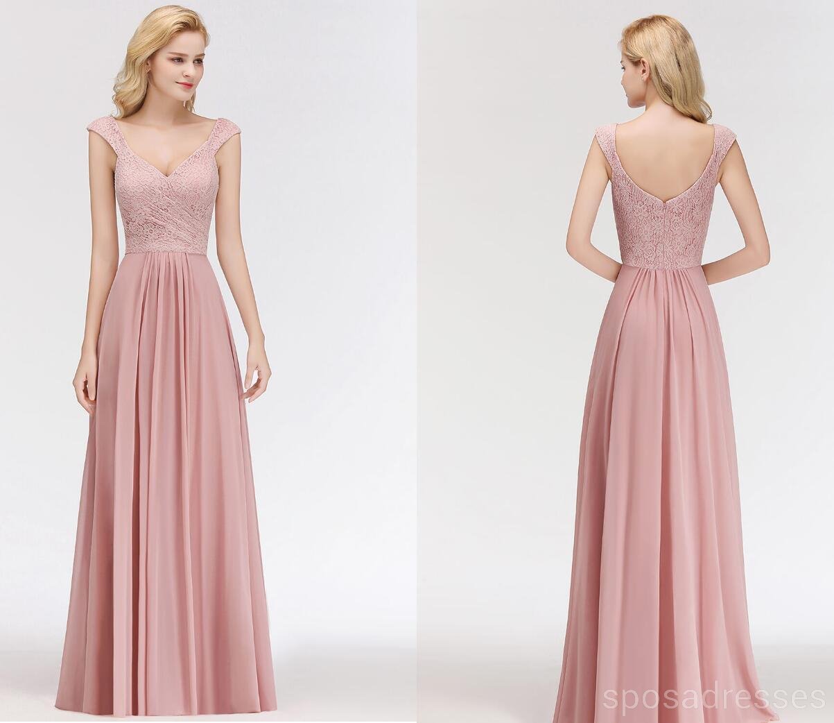 Elegant Lace Blush Pink Floor-Length Chiffon Bridesmaid Dress with Mismatched Design - WG543 | Perfect for Weddings, Proms & Formal Events