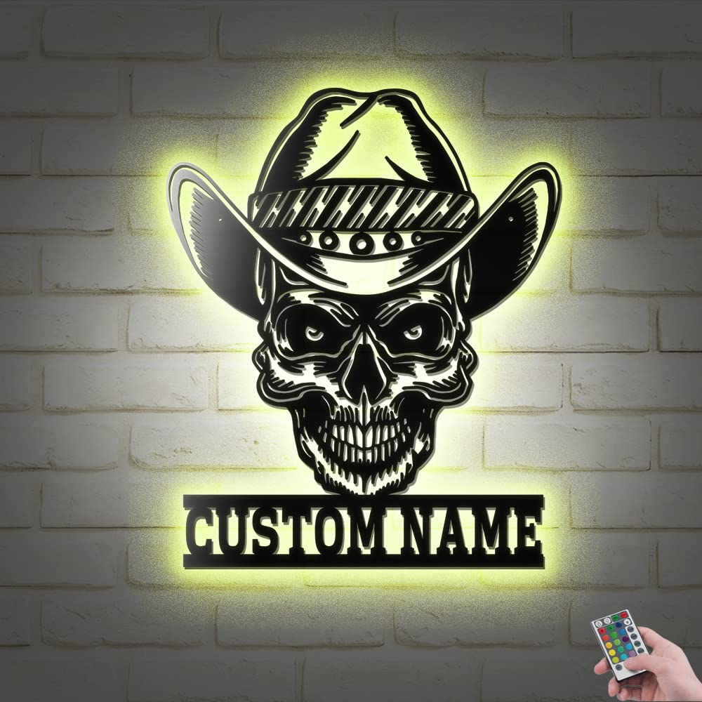 Custom Cowboy Skull LED Metal Wall Art - Personalized Name Sign for Home Decor, Western Theme Gift for Men, Father's Day Present (16x16 Inches, No Lights) - Perfect for Man Cave, Bar, Ranch, or Western-Themed Room Decoration