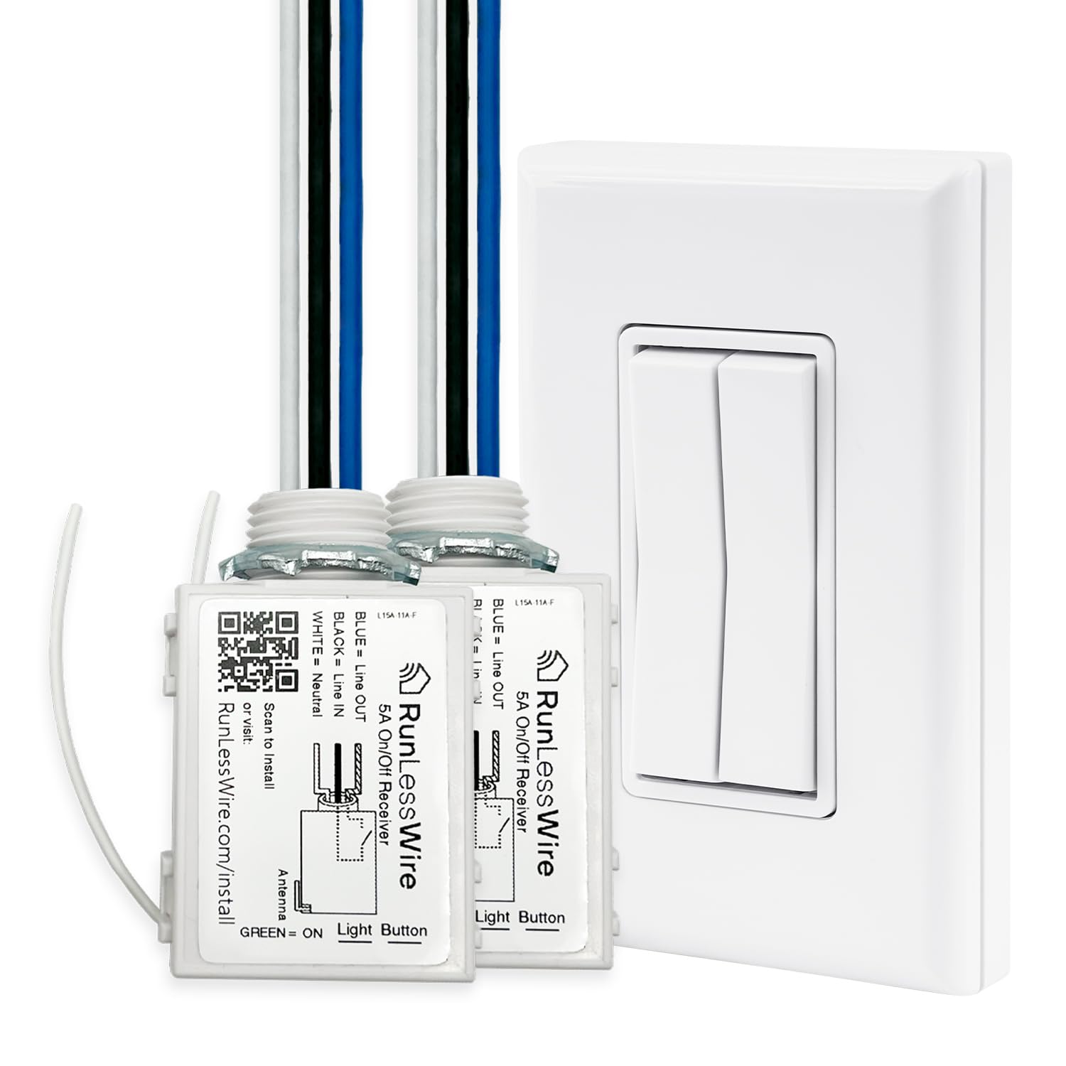 Wireless Fan & Light Remote Switch Kit - Battery-Free Self-Powered Kinetic Wall Switch with 150+ ft RF Range (2 On/Off Receivers + 1 Double Switch, White) - Perfect for Bedroom, Living Room & Home Automation