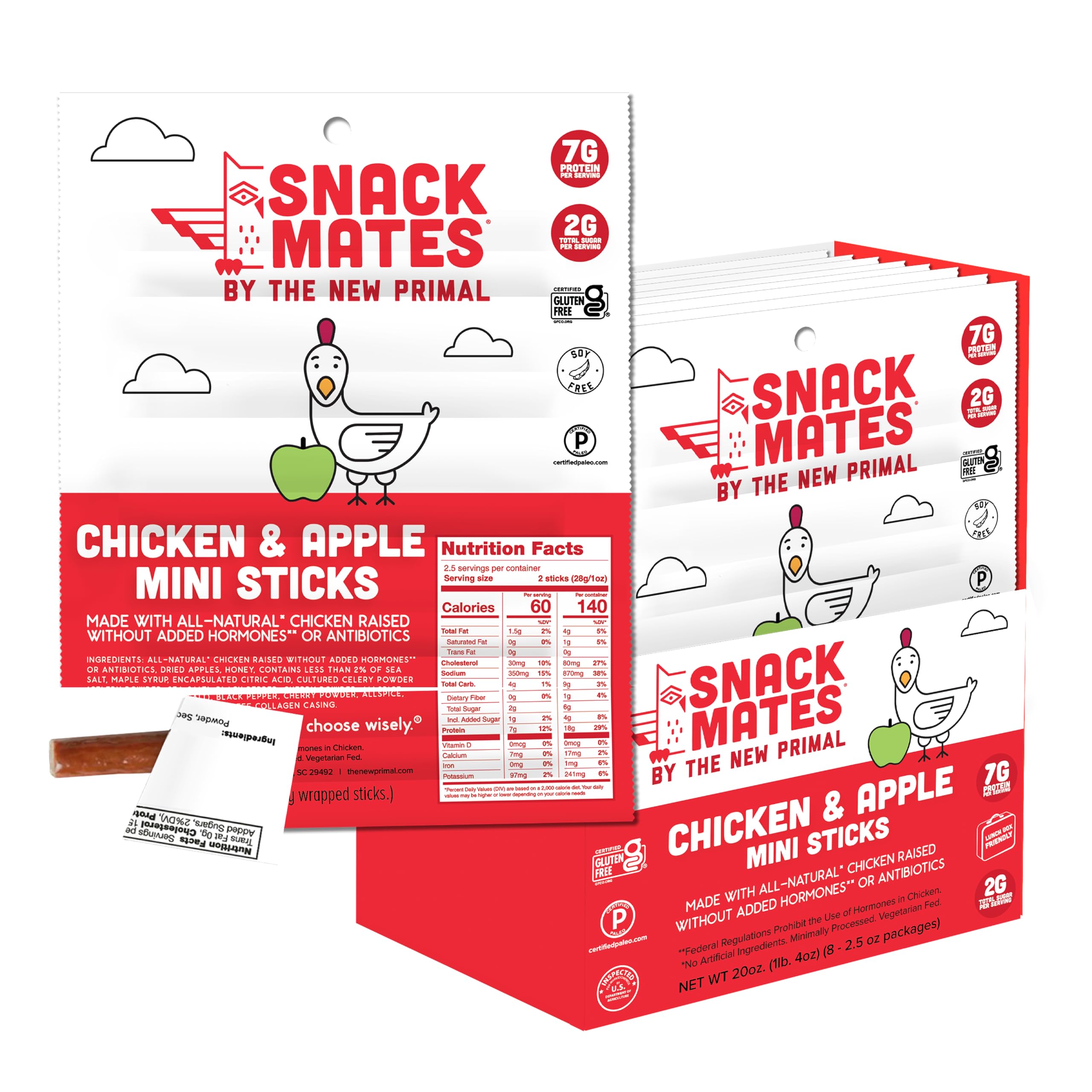 New Primal Snack Mates Chicken & Apple Sticks - Gluten Free, High Protein Healthy Snacks for Kids - 7g Protein, 60 Calories per Stick - Paleo, Keto Friendly Jerky - 40 Pack - Perfect for School Lunches, Hiking & On-the-Go Snacking