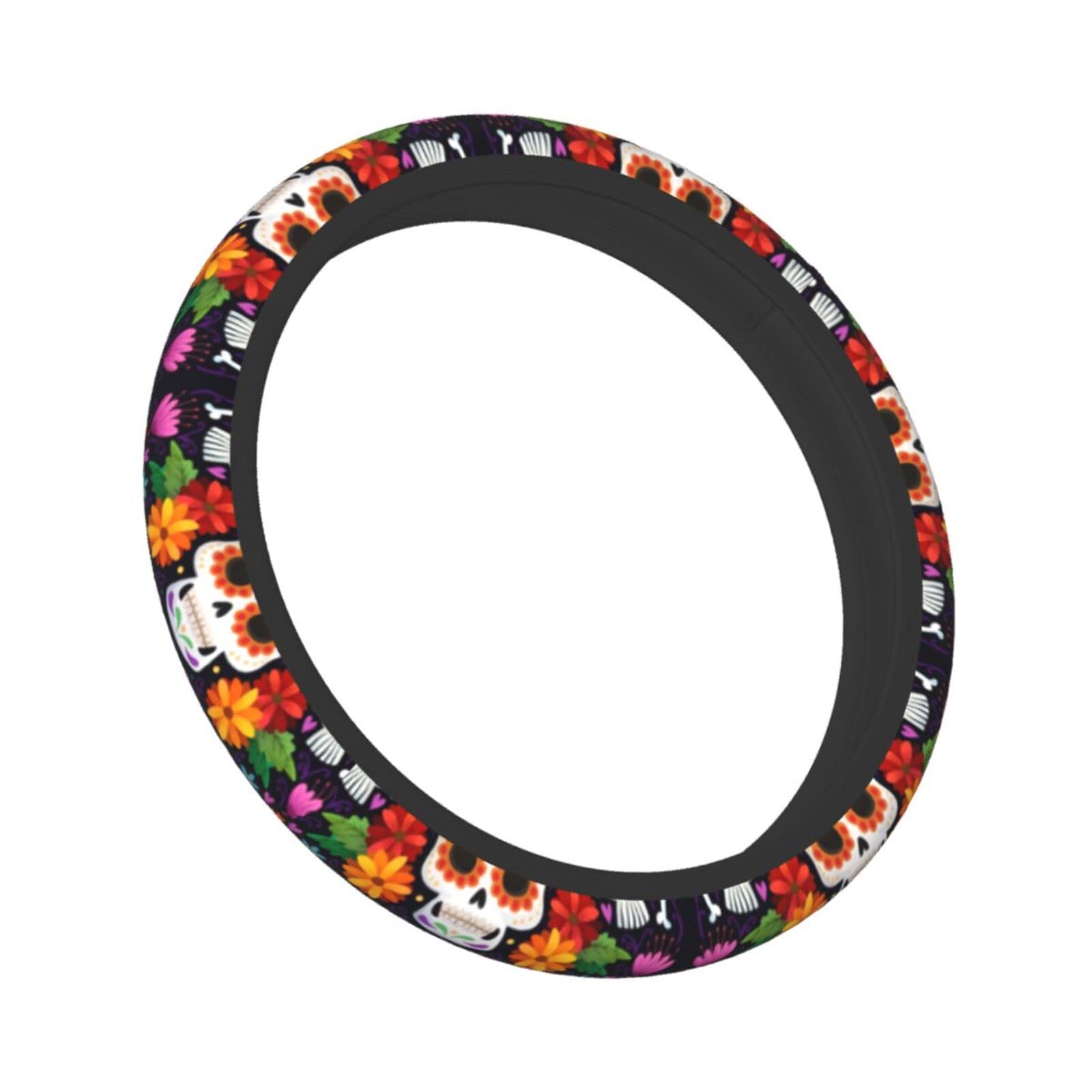 Mexican Sugar Skulls Steering Wheel Cover - Universal 15 Inch Neoprene Car Wheel Protector with Mexico Print - Cute Automotive Accessories for Cars, Trucks & SUVs - Perfect for Day of the Dead Decor & Cultural Enthusiasts