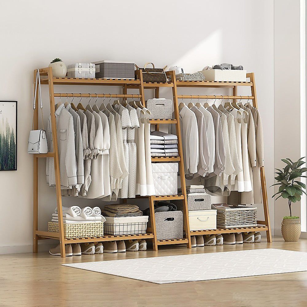 Portable Bamboo Clothes Rack - Adjustable Garment Stand with Wheels for Hanging Coats, Dresses & Pants | Perfect for Small Spaces, Closets, Laundry Rooms & Dorm Rooms