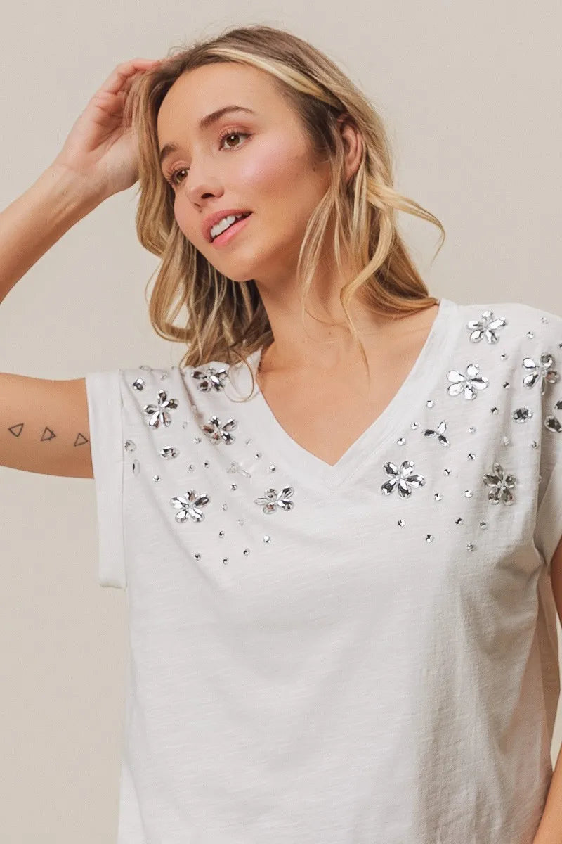 BiBi Slub Jersey Rhinestone V Neck Top - Women's Fashion Blouse for Party & Evening Wear - Elegant & Stylish Casual Outfit