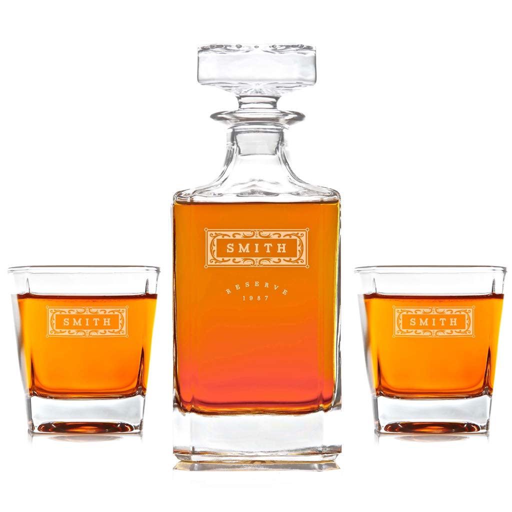 Swanky Badger Personalized Whiskey Decanter Set with 2 Etched Glasses - Custom Engraved Barware Gift for Men, Whisky Lovers - Perfect for Home Bars, Weddings & Anniversary Gifts