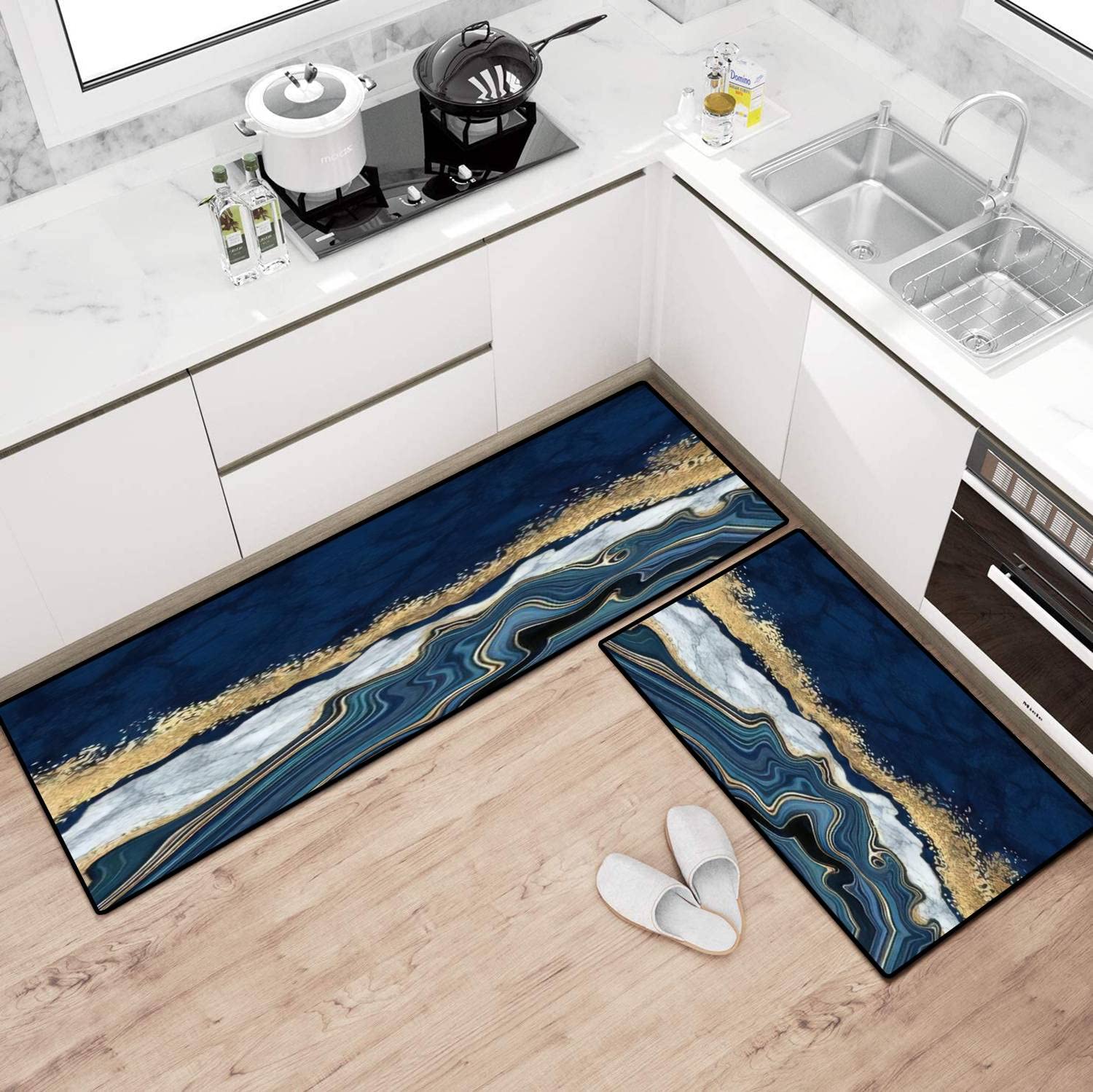 Abstract Blue Agate Kitchen Rugs - Non-Slip Washable Floor Mats for Kitchen & Bathroom Decor