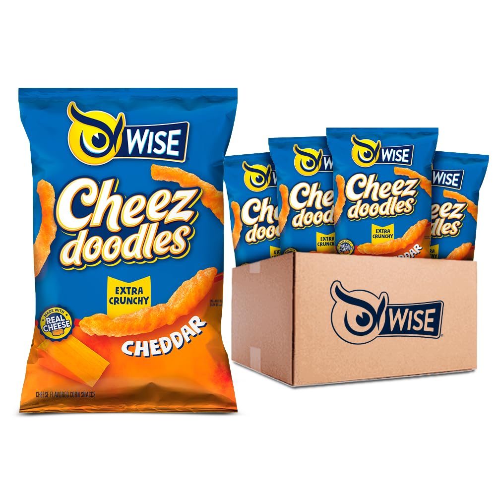Wise Snacks Baked Cheez Doodles - Extra Crunchy Real Cheddar Cheese Puffs | Gluten Free, 0g Trans Fat, No Preservatives | 0.875oz Individual Snack Bags (42 Count) | Perfect for School Lunches, Halloween Treats & Kids Snack Time