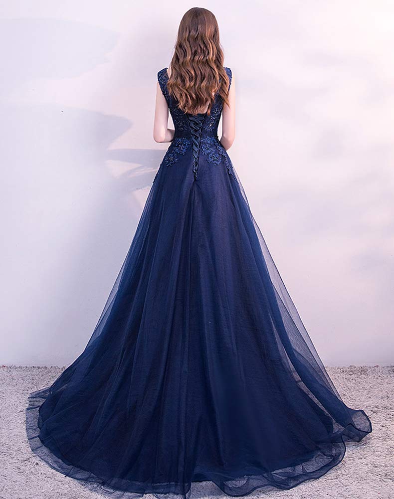 Elegant Sheer Bateau Neckline Beaded Lace Tulle Formal Evening Gown for Women | Prom, Wedding, Cocktail Party & Special Occasion Dresses