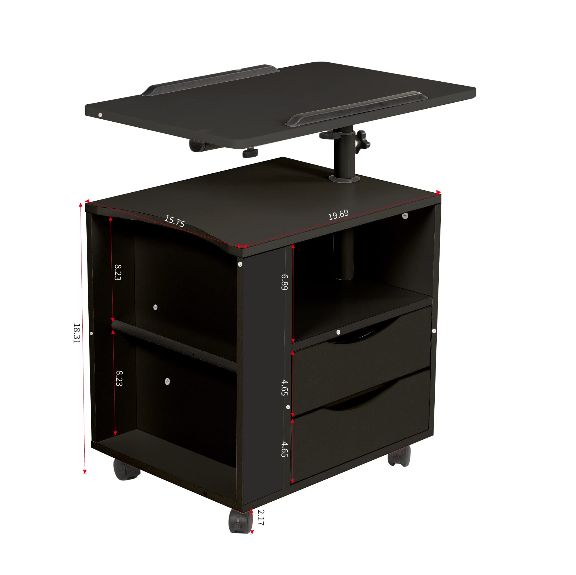 360° Swivel Adjustable Height Nightstand with 2 Drawers & Wheels - Multifunctional Overbed Table for Laptop, Books & Bedside Storage | Perfect for Small Spaces, Dorms & Home Office (Black) | Fast US Delivery
